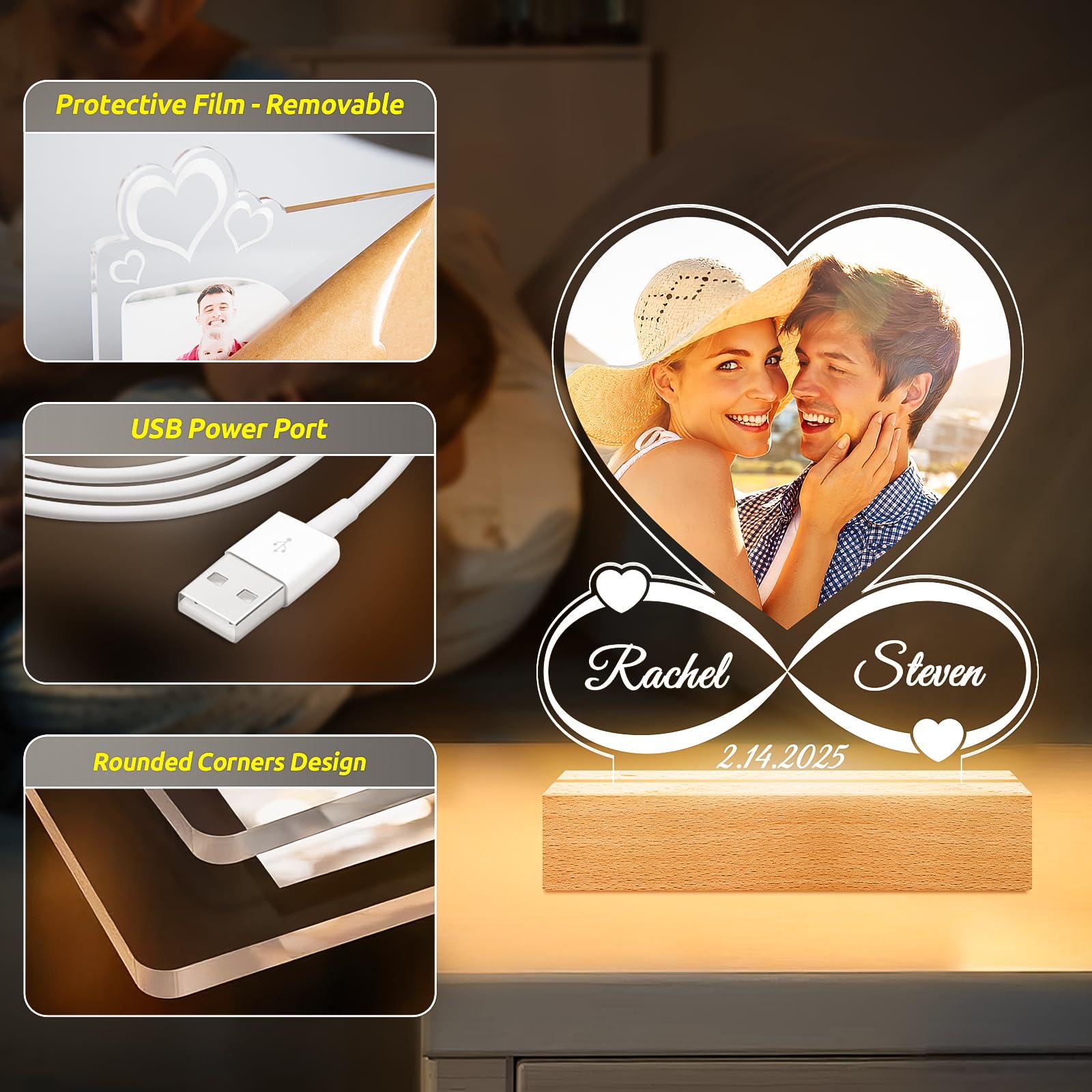 Personalized Valentines Day Gifts for Him Her, Customized Picture Frames with Photo, Custom Photo Frame with Night Light, Personalized Anniversary Couples Gifts for Women Men Boyfriend Girlfriend