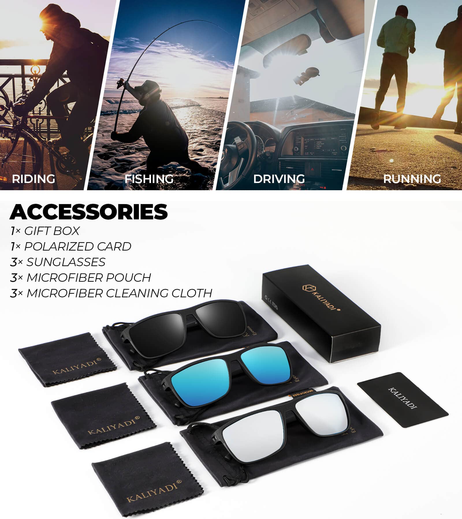 KALIYADI Polarized Sunglasses Men, Lightweight Mens Sunglasses Polarized UV Protection Driving Fishing Golf (Black/Ice Blue/Silvery)