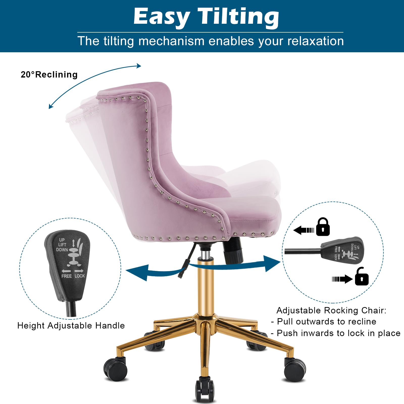 VINGLI Mauve Purple Armless Home Office Desk Chair with Gold Base/Wheels, Small Cute Vanity/Makeup Chair with Back for Bedroom, Upholstered Adjustable Rolling Swivel Nail Chair for Women/Girls