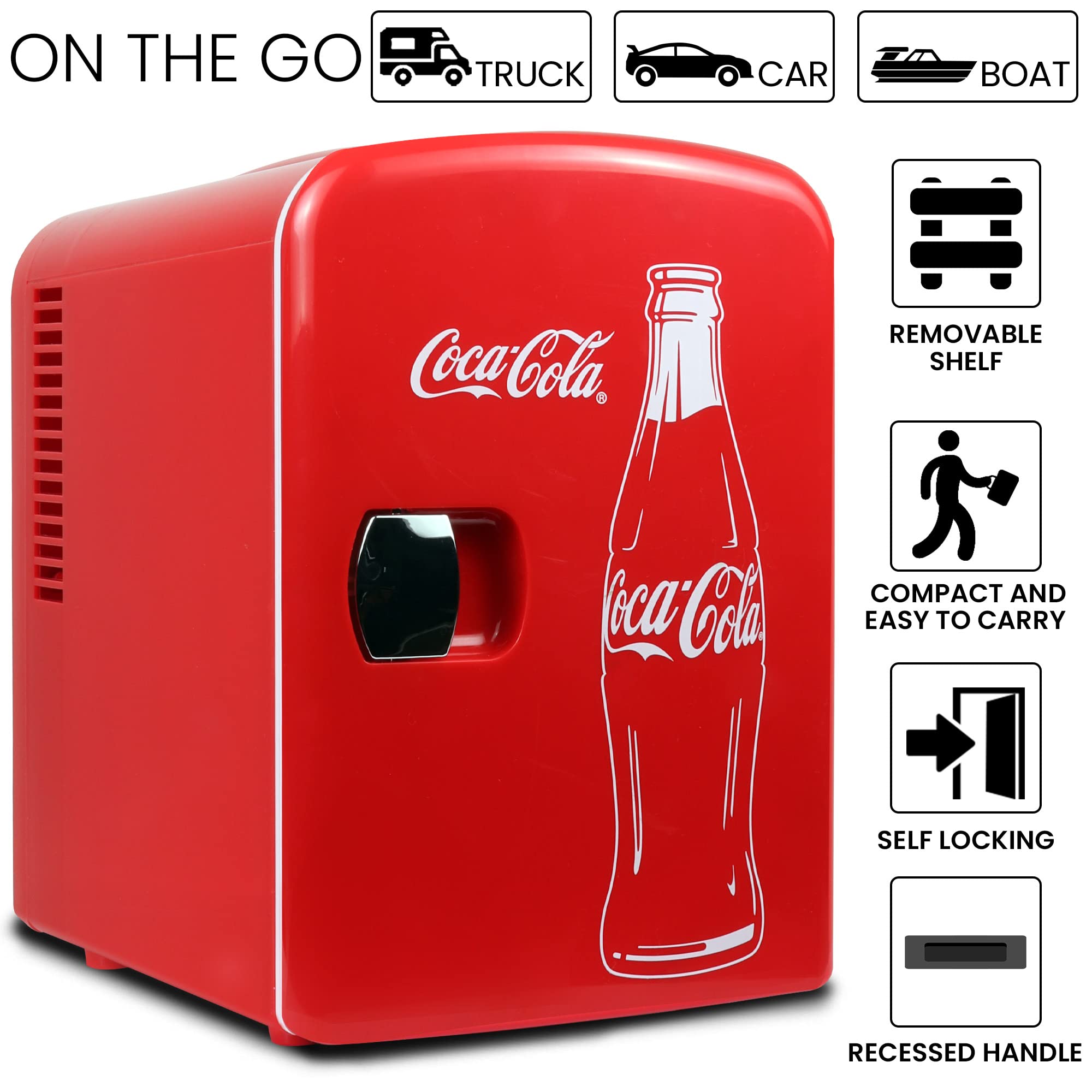 Coca Cola Mini Fridge for Bedroom Skincare Cosmatic Office 4L Small Refrigerator 6 Can Mini Refrigerator Dorm Fridge Portable Cooler 12V DC 110V AC Personal Travel Refrigerator Snacks Drinks Red