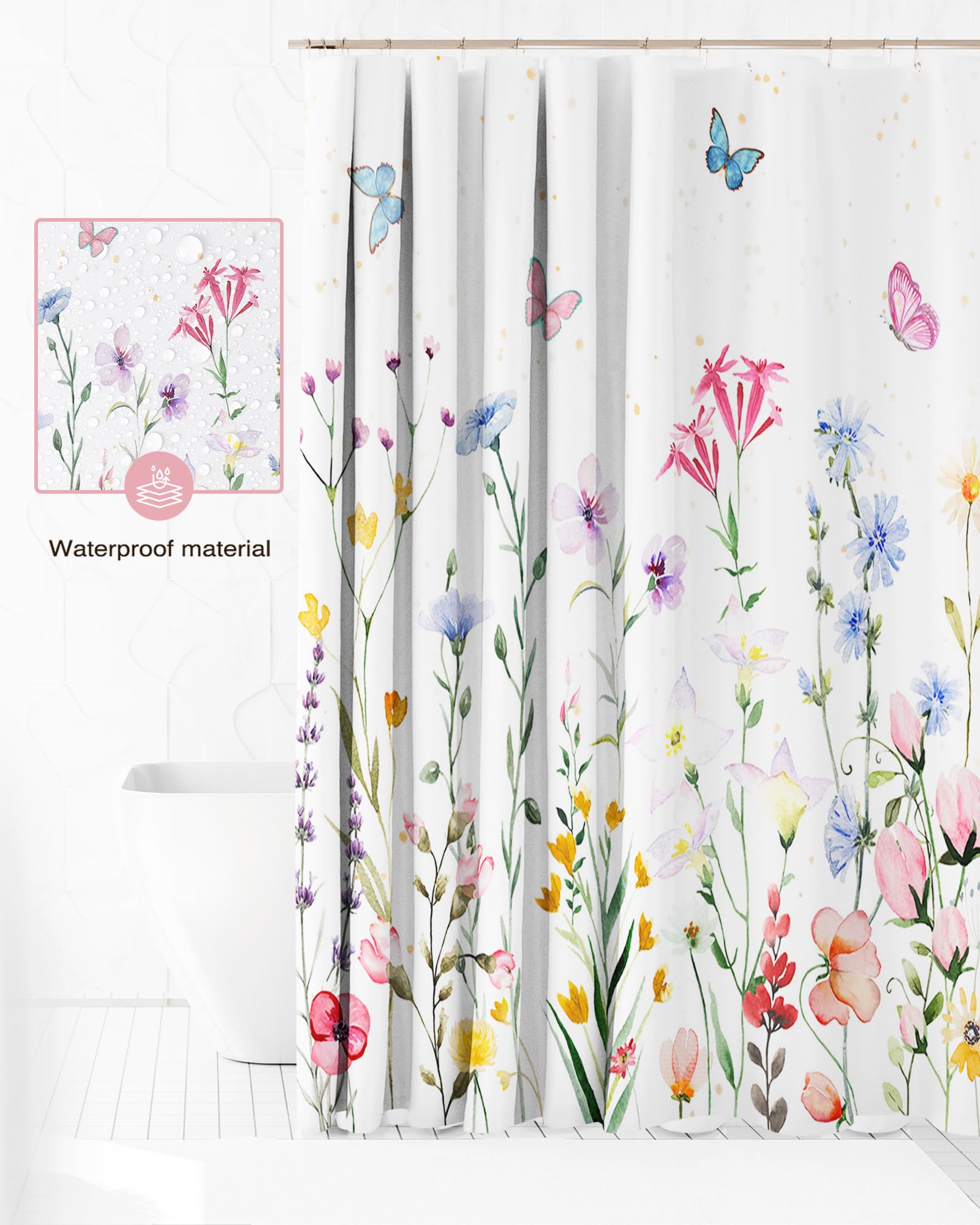 Lindameler Floral Butterfly Shower Curtain Set Colorful Flower Shower Curtain for Bathroom Waterproof Spring Fabric Shower Curtain with 12 Hooks 72x72 Inches
