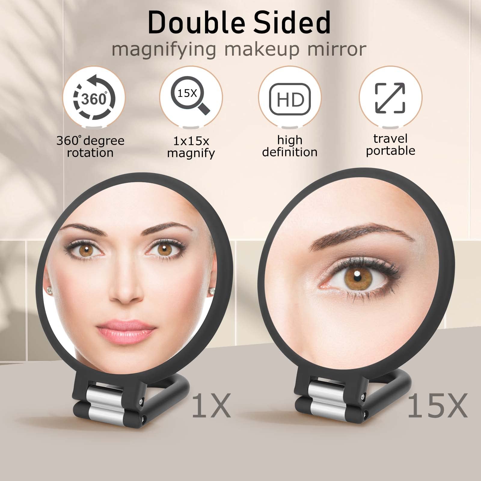 CLSEVXY Magnifying Handheld Mirror Double Sided, 1X 15X Magnification Hand Mirror, Travel Folding Held Adjustable Rotation Pedestal Makeup Desk Vanity