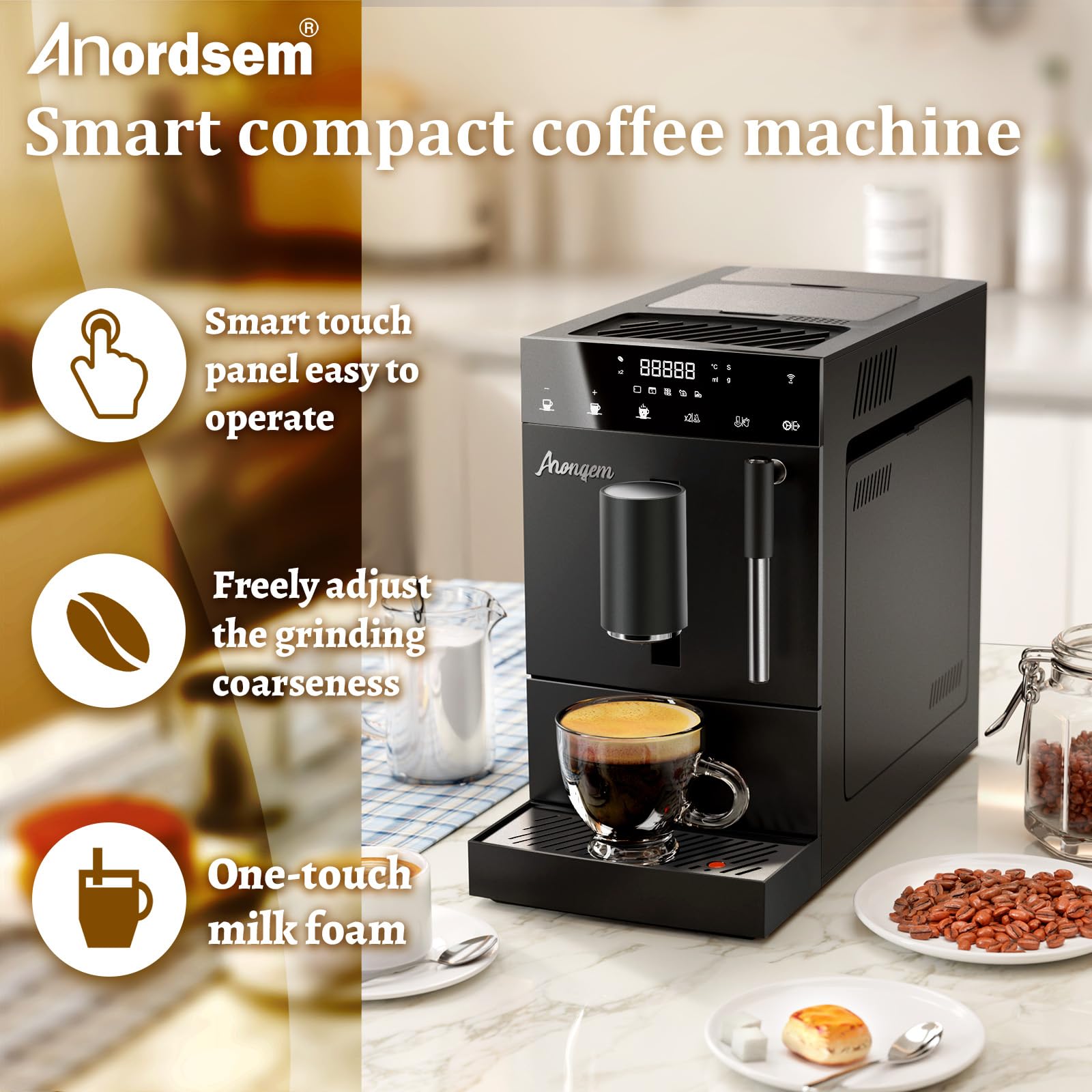 Ahongem Coffee Maker with Grinder for Cappuccino Machine: Automatic Espresso Machines for Home - Cafeteras with Frother for Kitchen - Programmable Coffee Makers for Office (Black)