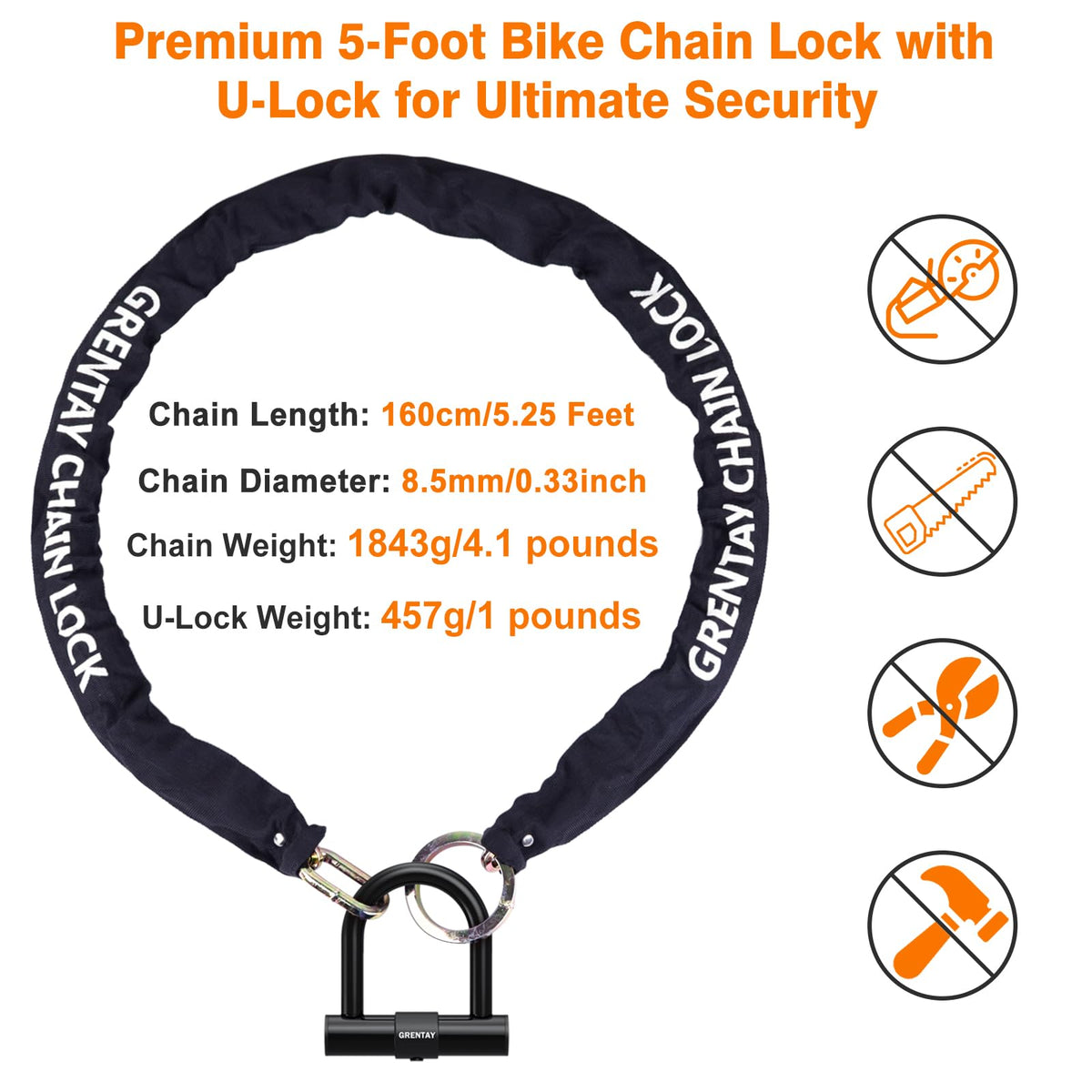 Bike Chain Lock, 5.25 Feet/160cm Heavy Duty Anti Theft Bicycle Chain Lock 0.6inch/15mm Thick Cut Proof Security Bike Locks with Keys for Bike, Motorcycles, Scooter, Stroller, Gate, Fence