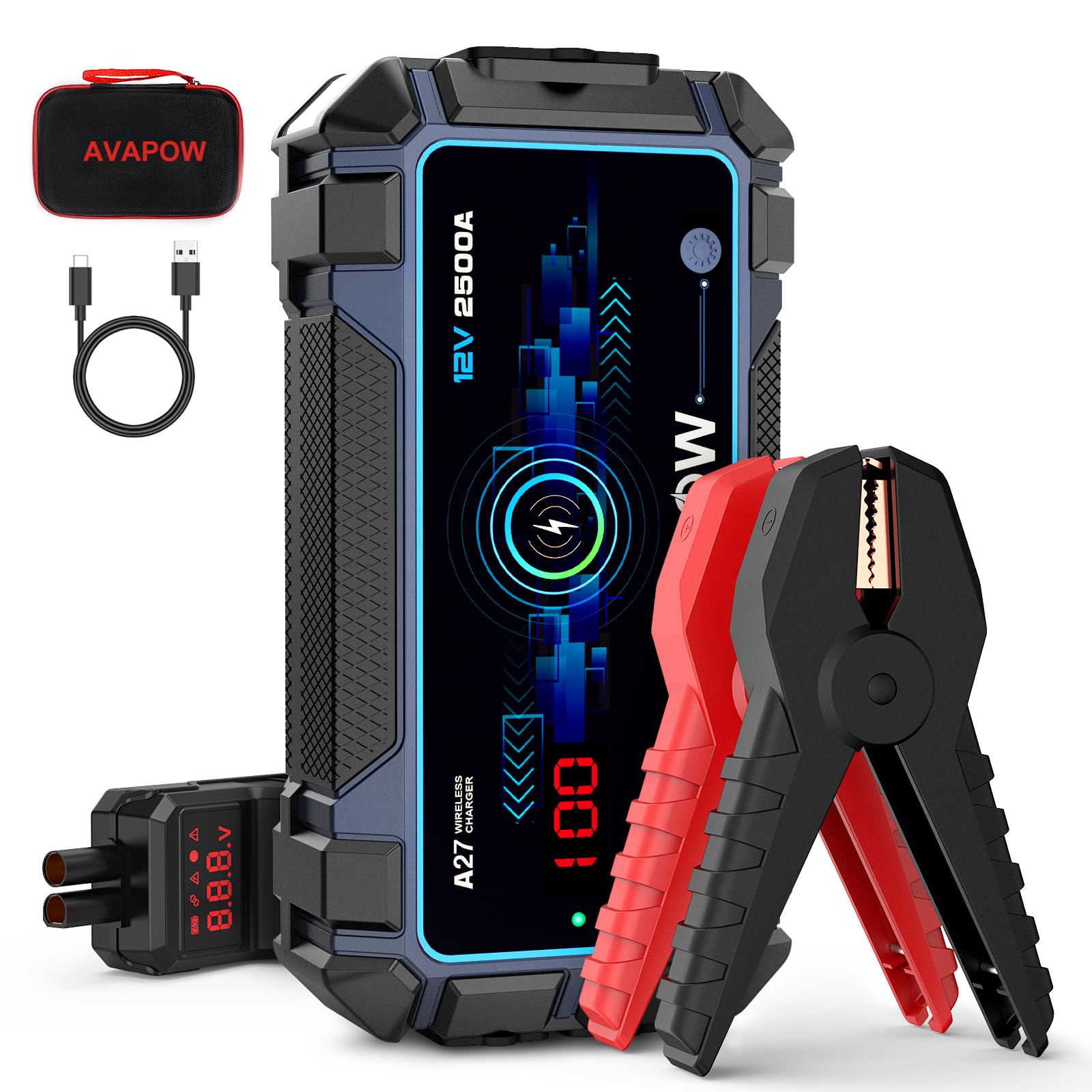 AVAPOW Jump Starter Car Battery 2500A Peak,Portable Jump Starters for Up to 8L Gas 8L Diesel Engine,Wireless Charging Design,12V Lithium Jump Pack with Smart Safety Clamp, IP65