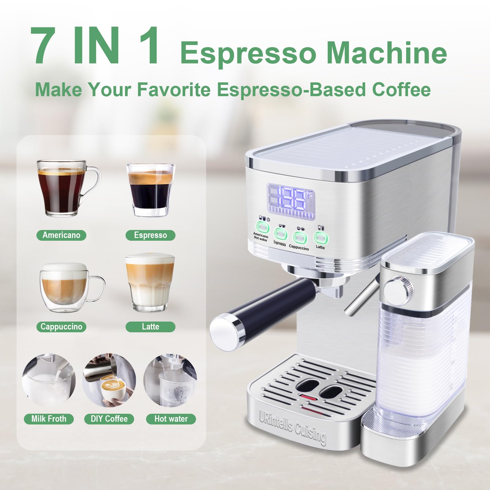 URintells Cuising Espresso Machine 20 Bar, Professional LED Display Espresso Maker with Automatic Milk Frother for Americano Cappuccino Latte, Coffee Machine with ESE Pod Filter, Dual Heat System