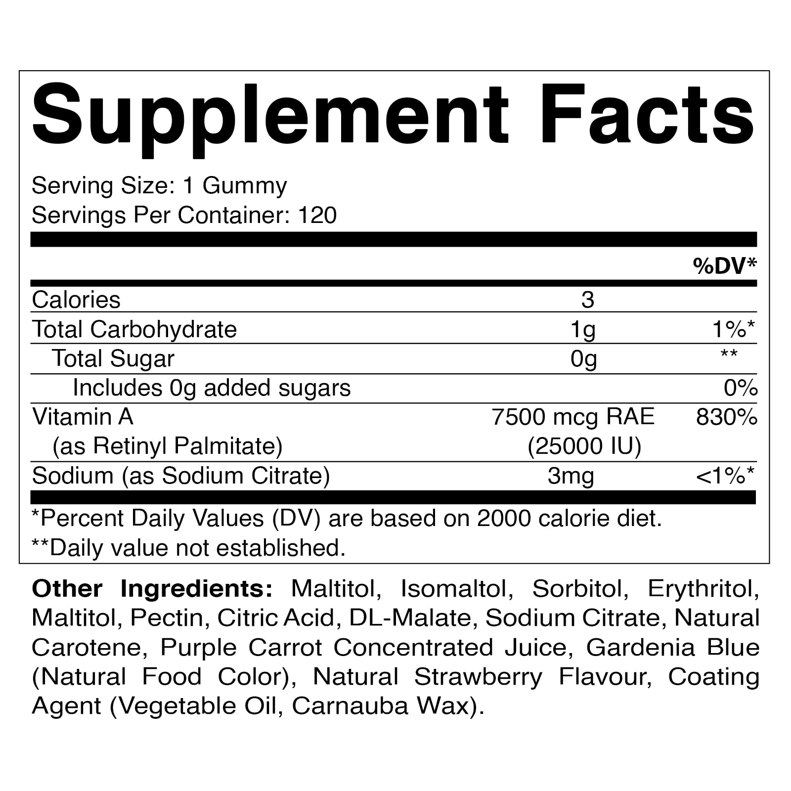 Vitamatic Sugar Free Vitamin A 25000 IU Gummies (Retinyl Palmitate) - Natural Strawberry Flavor - 120 Pectin Based Gummies (1 Bottle)