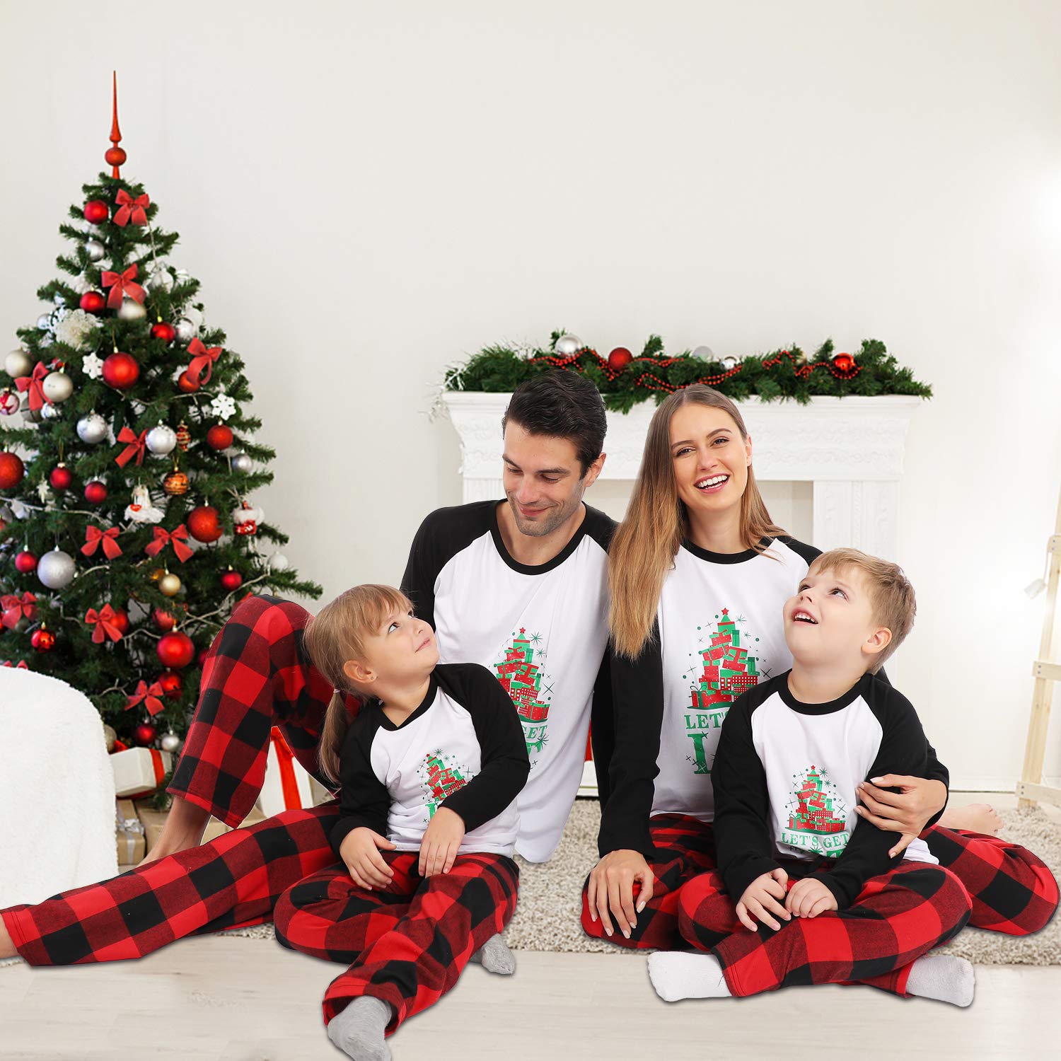 Matching Christmas Pajamas Set for Family , Let's Get Lit Printed Pjs for Women Men, Holiday Cute Funny Letter Print Top and Plaid Pants Xmas Sleepwear Set for Couples (Youth, 4-5T, White LIT)