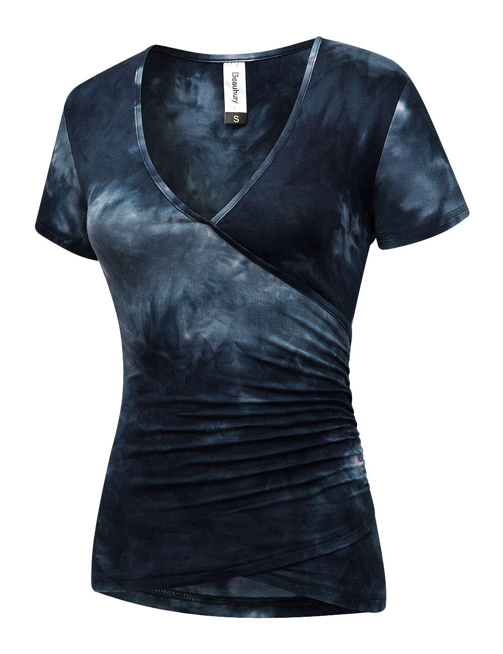 Beauhuty Womens Tie Dye T-Shirts Ruched Soft Slim Fit Tees Short Sleeves Deep V Neck Surplice top (XXL, Short-Tie Dyed Royal Blue)