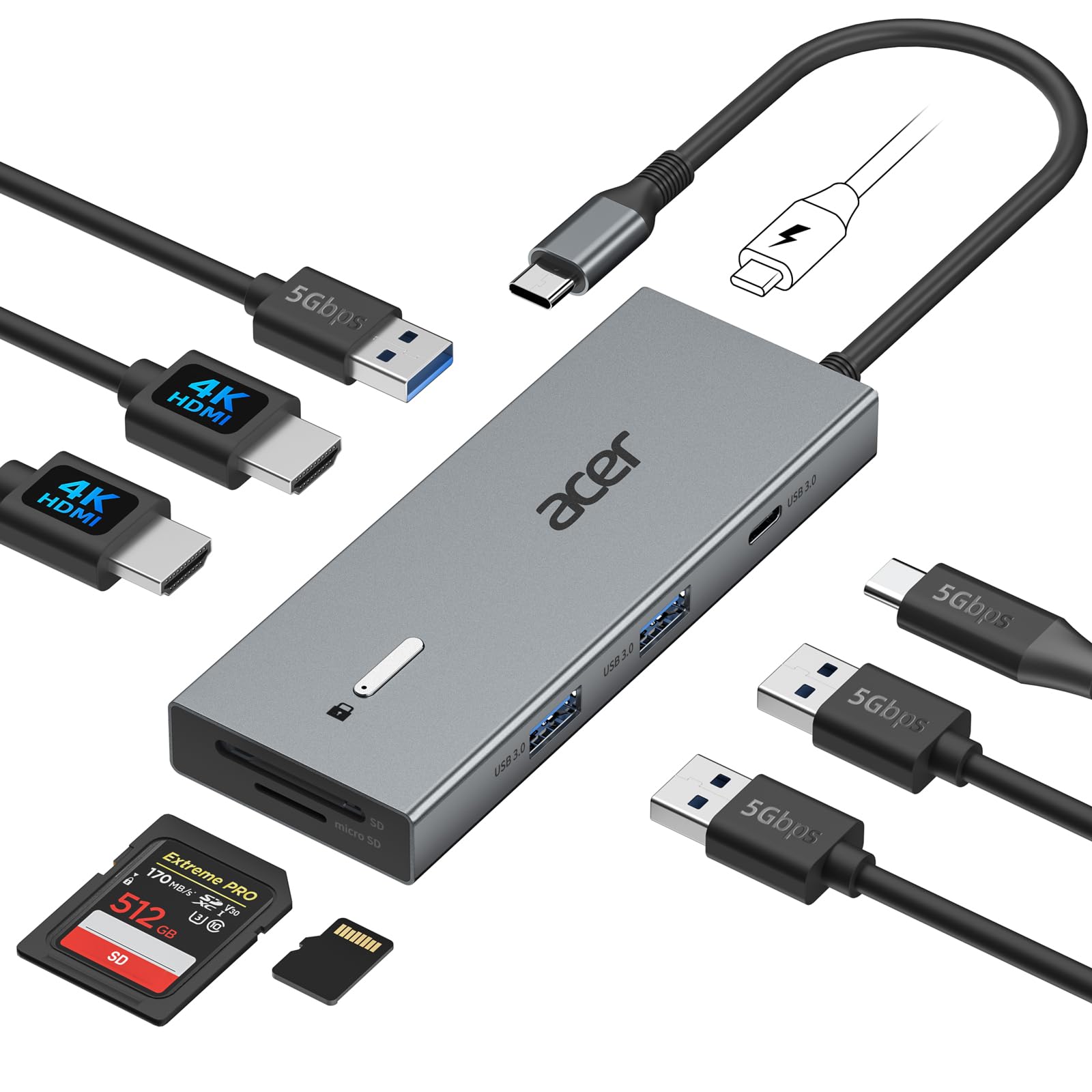 Acer USB C Docking Station Dual Monitor with 2 HDMI, 9-in-1 Laptop Docking Station with 4K@60Hz HDMI, USB A&C 3.0, SD/Micro SD, 100W PD, USB C Dock Compatible with Acer/Dell XPS/HP/Mac/Surface (15cm)