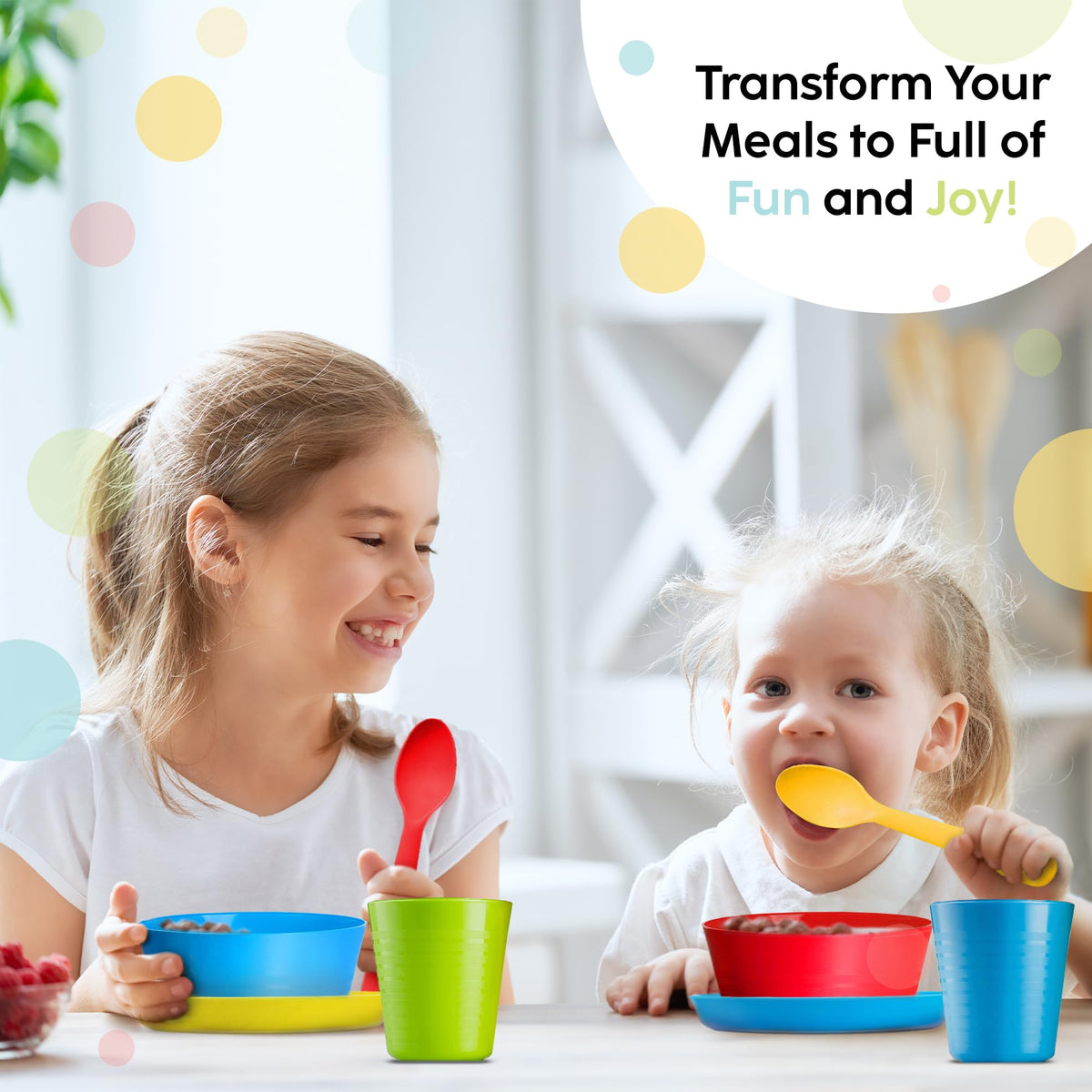 PLASKIDY Kids Plastic Dinnerware Set - 36 Pc Reusable Children's Dinner Set Microwave/Dishwasher Safe BPA Free Toddler Dishes Dinnerware Set Includes Kids Plates and Bowls Kids Cups & Flatware.