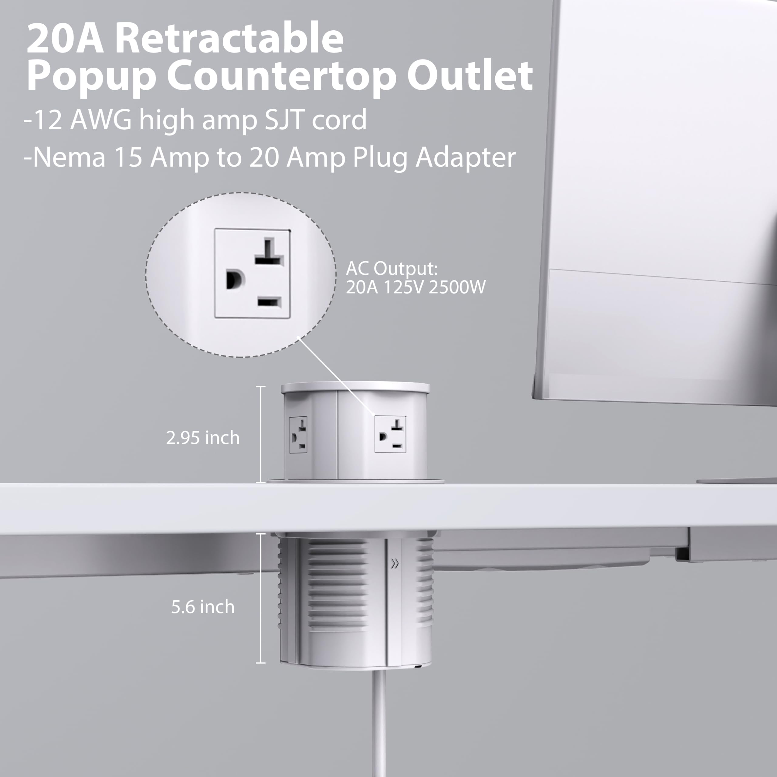 ANNQUAN 20 Amp Pop Up Countertop Outlet with 15W Wireless Charger,Max 65W Power Delivery,4.75" Pop Up Electrical Outlet with 3 Outlets 3 USB Ports for Home Office
