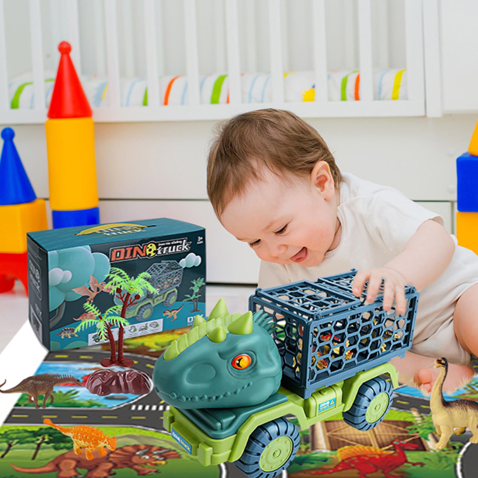 Hummigoo Dinosaur Truck Toys for Kids 3-5, Tyrannosaurus Transport Car Truck with 15 Dino Figures, Play Mat & Trees, Eggs, Dinosaur Play Set for Boys and Girls 3 4 5 6 7 8 Years Old