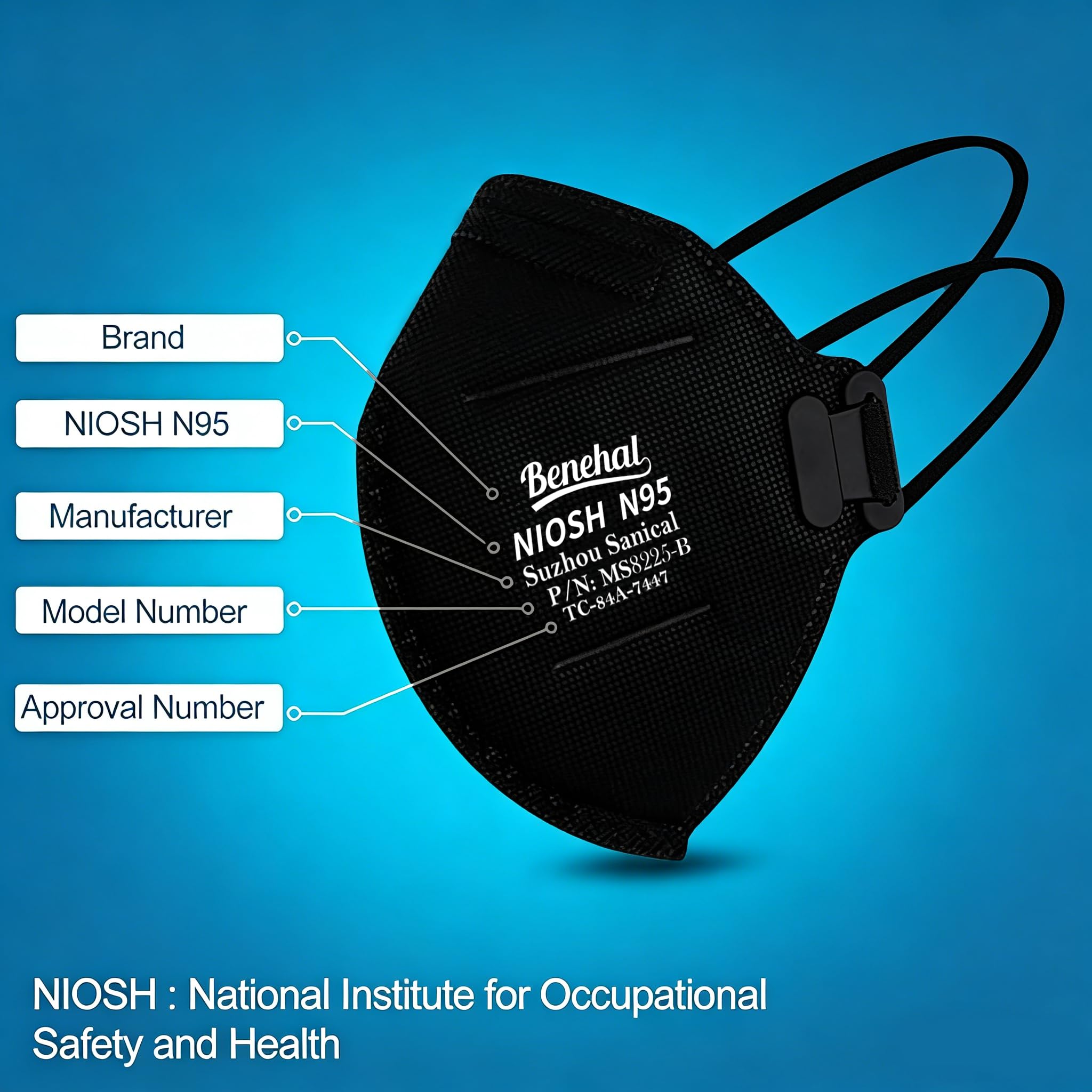 benehal NIOSH Approved N95 Mask Particulate Respirators, Pack of 10 N95 Face Masks, Individually Wrapped, Black