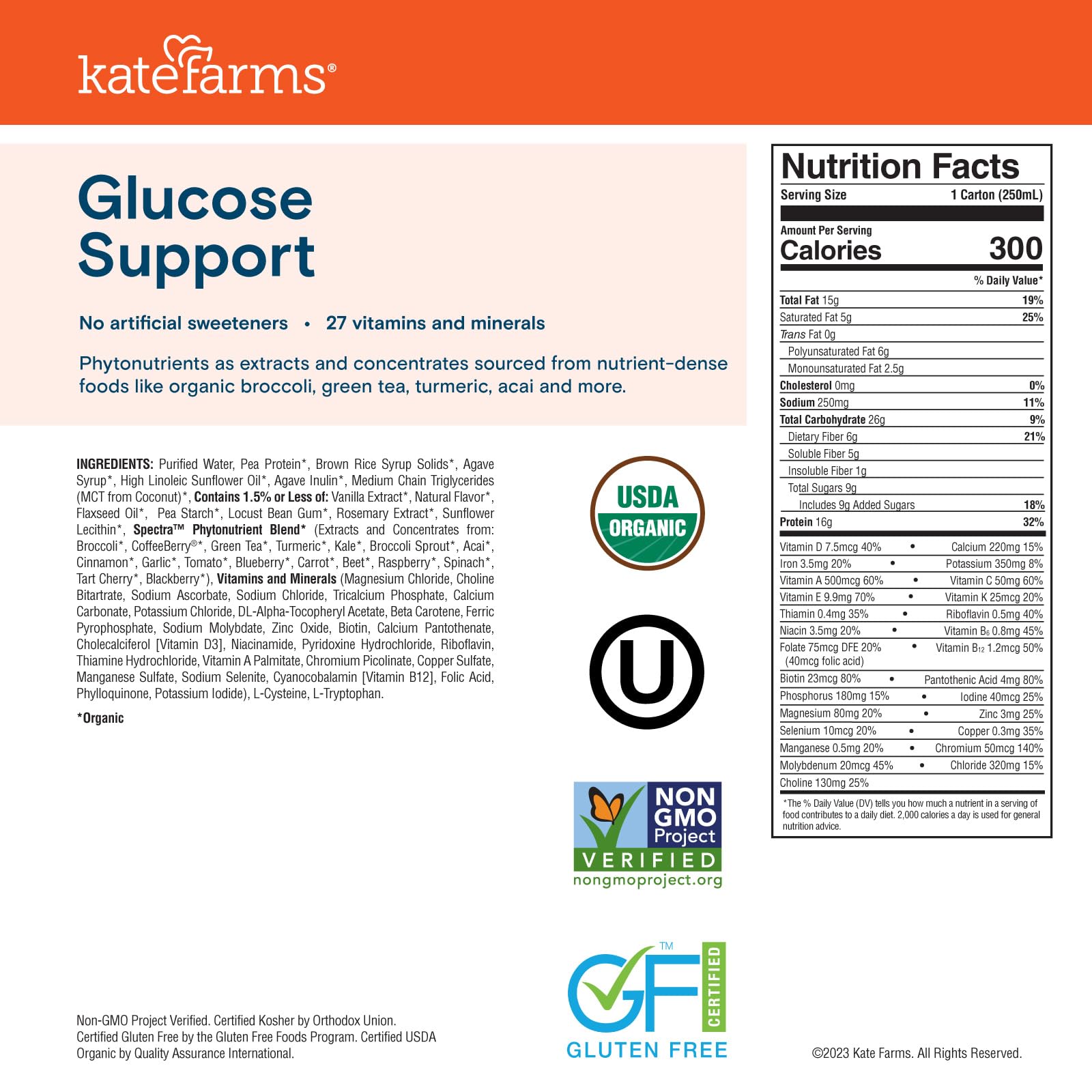 KATE FARMS Organic 1.2 Glucose Support Shake, Vanilla, 16g Protein, 27 Vitamins and Minerals, Diabetic Nutrition Meal Replacement, 8.45 oz (12 Pack)