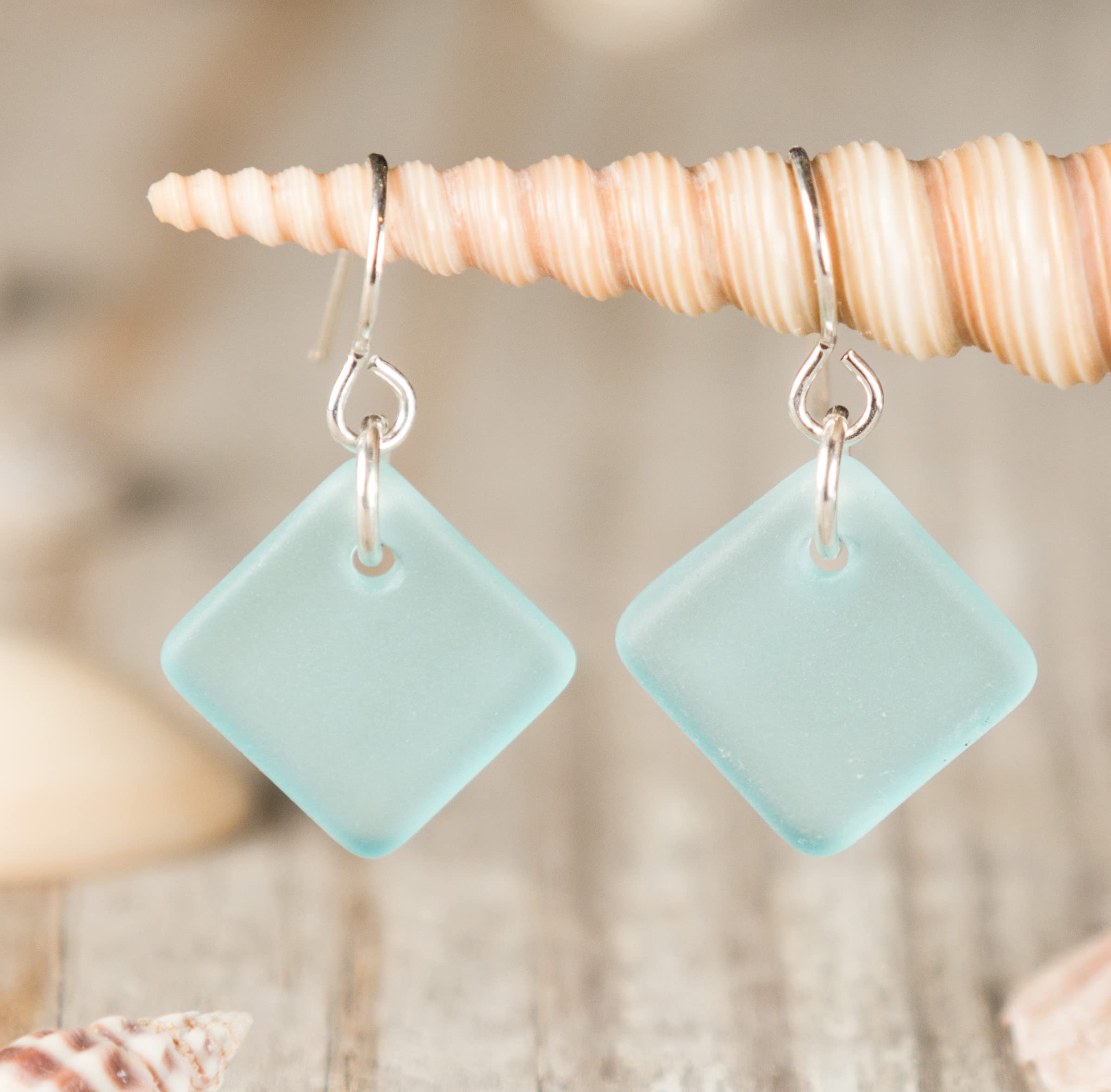 Sea Glass Delicate Diamond Earrings (Ocean) Beach Earrings for Women by EcoSeaCo, using recycled and sustainable material. Handmade in the USA