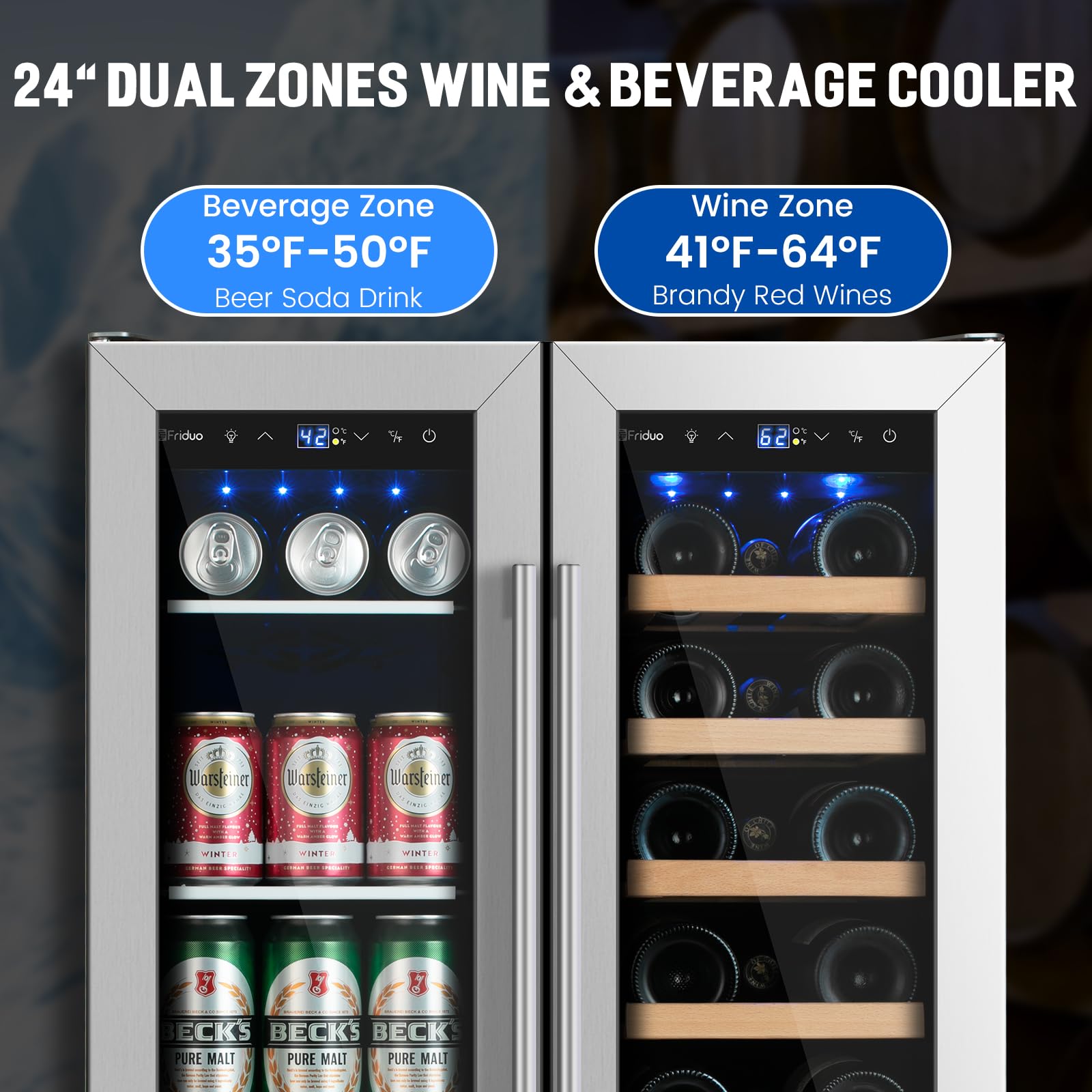 Friduo Wine and Beverage Refrigerator 24 inch, Dual Zone Wine Cooler Under Counter Lockable 20 Bottles and 88 Cans Fridge Built in Freestanding for Beer Soda Drink Bar Kitchen Cabinet Commercial