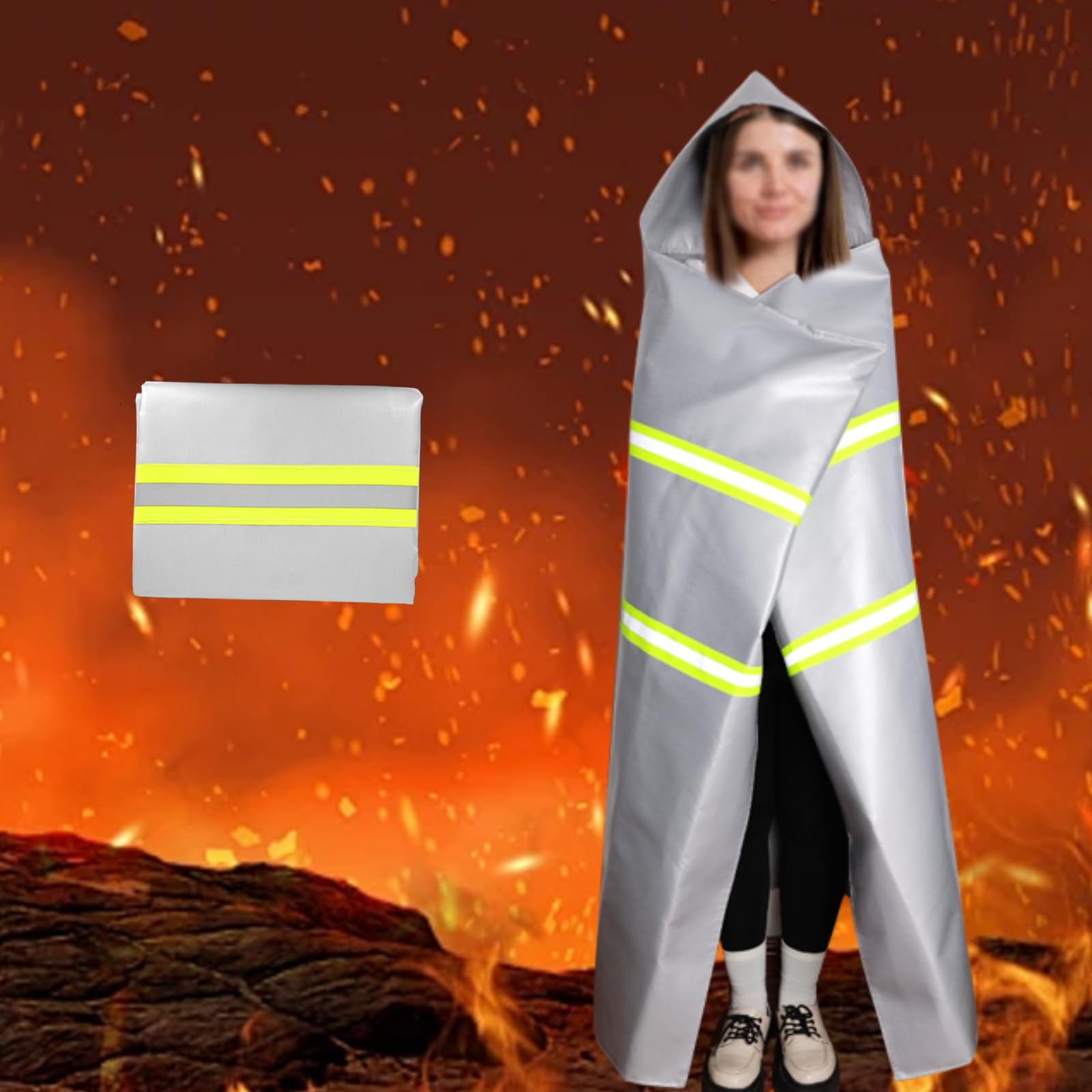 Utypee Emergency Fireproof Cloak with Hood – Silver Silicone Coated Fiberglass Fire Blanket, 59 x 47 Inches, Heat Resistant Safety Cover for Escape- fire Retardant Blanket - fire Extinguisher