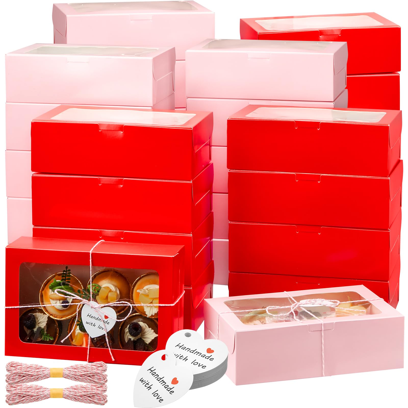 Maxcheck 50 Set Valentine's Day Cookie Boxes with Window 9x6x3 Inches Red Pink Bakery Box for Gift Giving with Rope Love Card for Christmas Mother's Day Chocolate Pastries Dessert Packaging