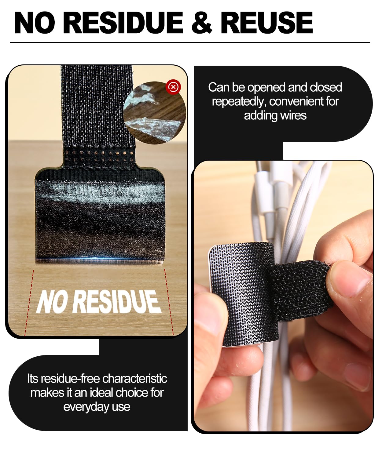PHIXBEAR 50 Pcs Self Adhesive Cable Tie Reusable Made of 3M, Multi-Purpose Heavy Duty Hook Loop Cable Management Wire Ties for Home,Office,Kitchen,School (5.9" & 3.54", Black & White)