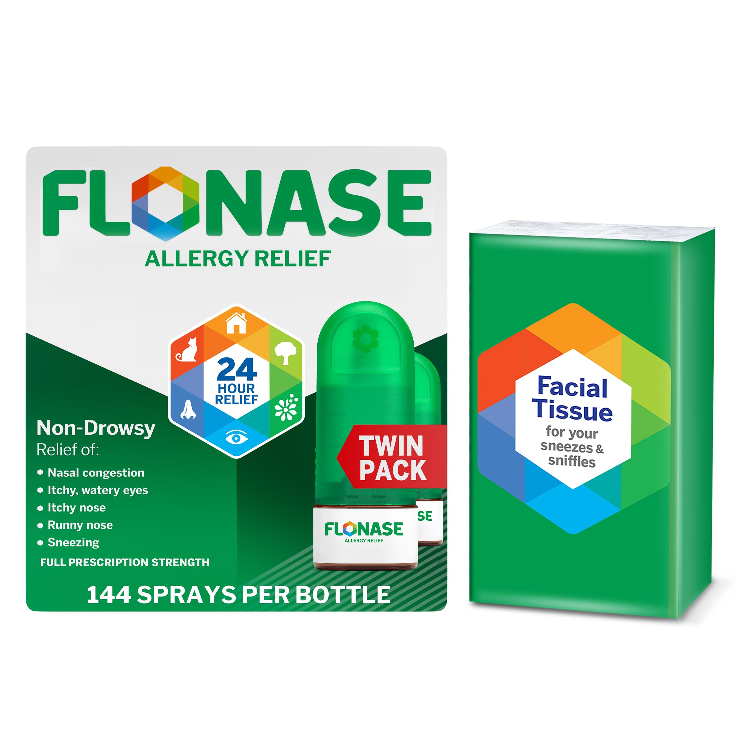 Flonase Allergy Relief Nasal Spray, 24-Hour Non-Drowsy Multi-Symptom Relief – 144 Sprays (Pack of 2) plus Bonus Pack of Tissues