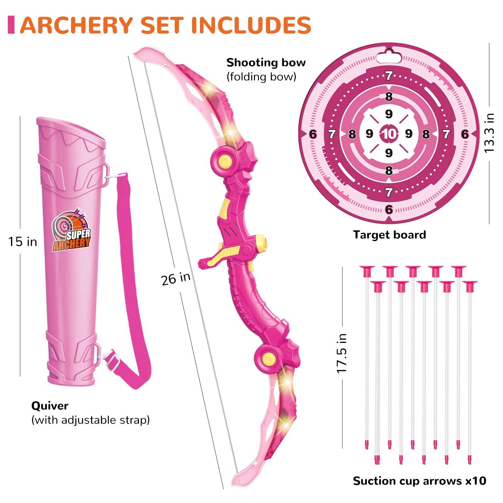 Bow and Arrow Toys with LED Light Up Archery, Birthday Gift for Girls 5 6 7 8 9 10 11 12 Year Old, Christmas Indoor Outdoor Activity Toy for Kids Girls Ages 6-8, 10 Suction Cup Arrows, Target, Quiver