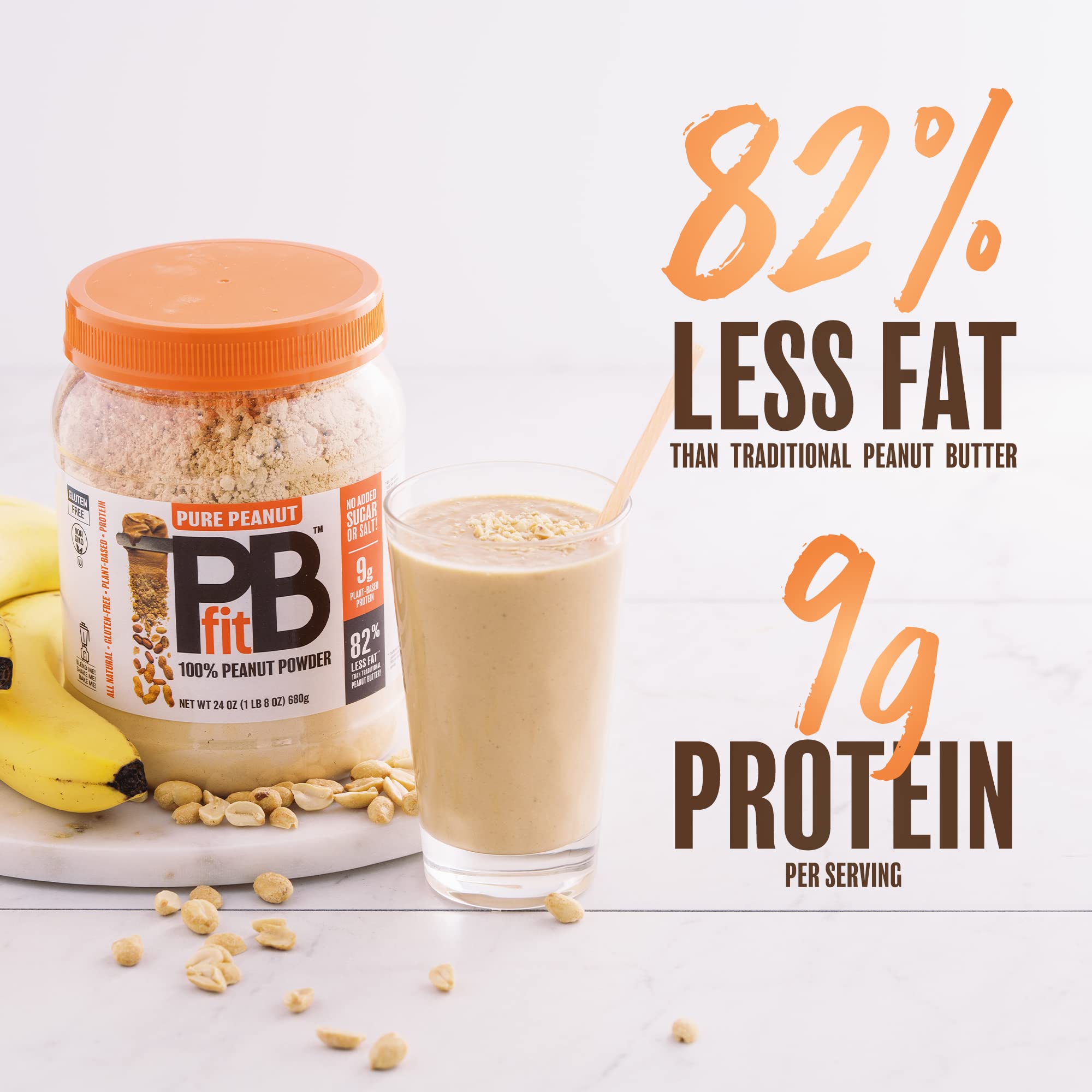 PBfit 24 Ounce Simply Peanut Powdered Peanut Powder, No Added Sugar or Salt, Non-GMO, Plant-Based, Gluten-Free Protein Powder, 9g of Protein 9% DV