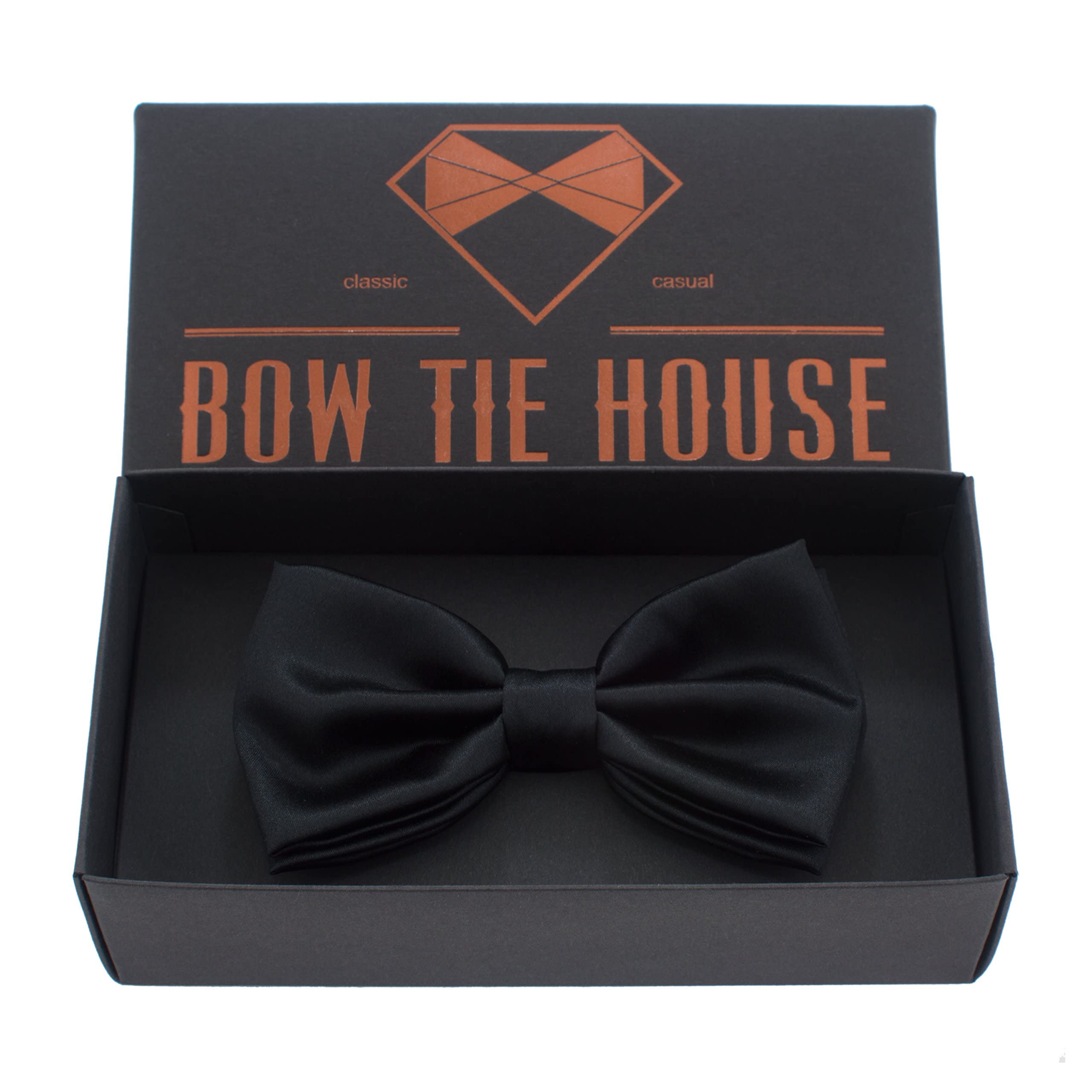 Bow Tie House Real Silk Classic Pre-Tied Bow Tie Formal Solid Tuxedo (Large, Black)