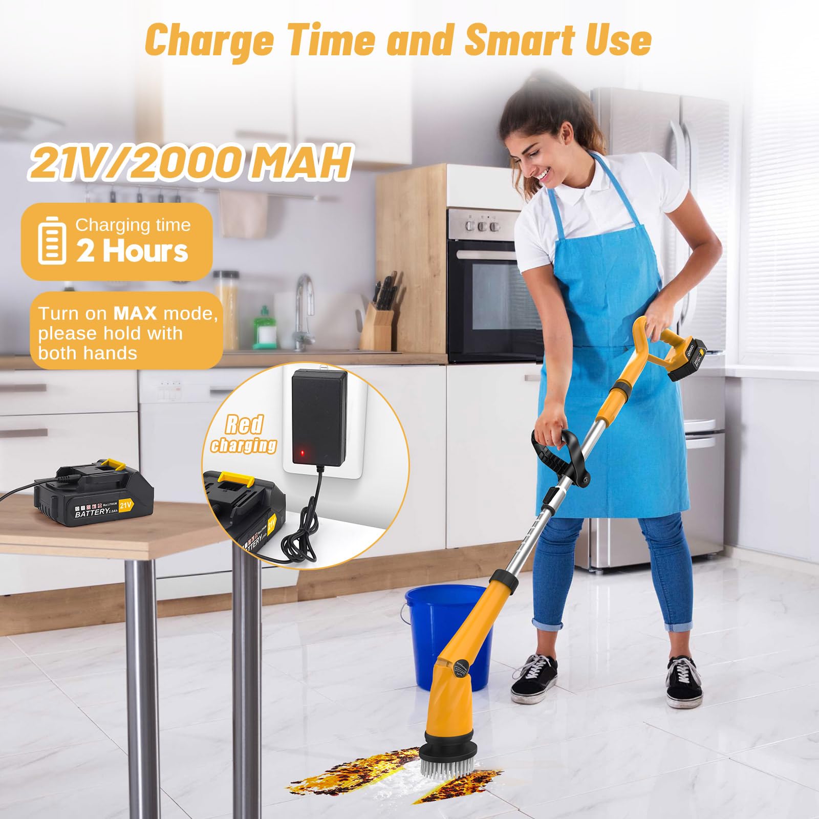 Qimedo 1500 RPM Electric Spin Scrubber with Two Batteries Q2 Pro, Cordless Battery Powered Shower Scrubber,Electric Tile Floor Scrubber with Display for Grout/Tile/Tub (Effortless Handle/8 Brushes)