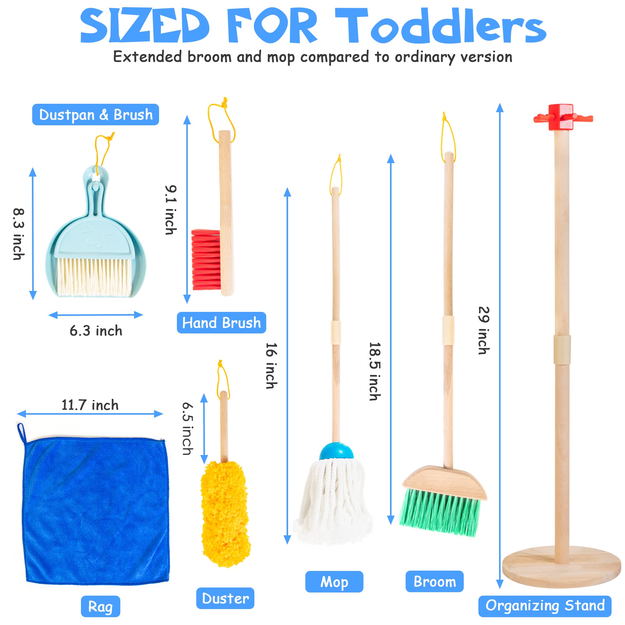 WOODMAM Wooden Kids Cleaning Set for Toddlers,8 Pieces Montessori Cleaning Toys with Kids Broom and Mop Set, Housework Pretend Play Toy Gift for Boys Girls Ages 3+