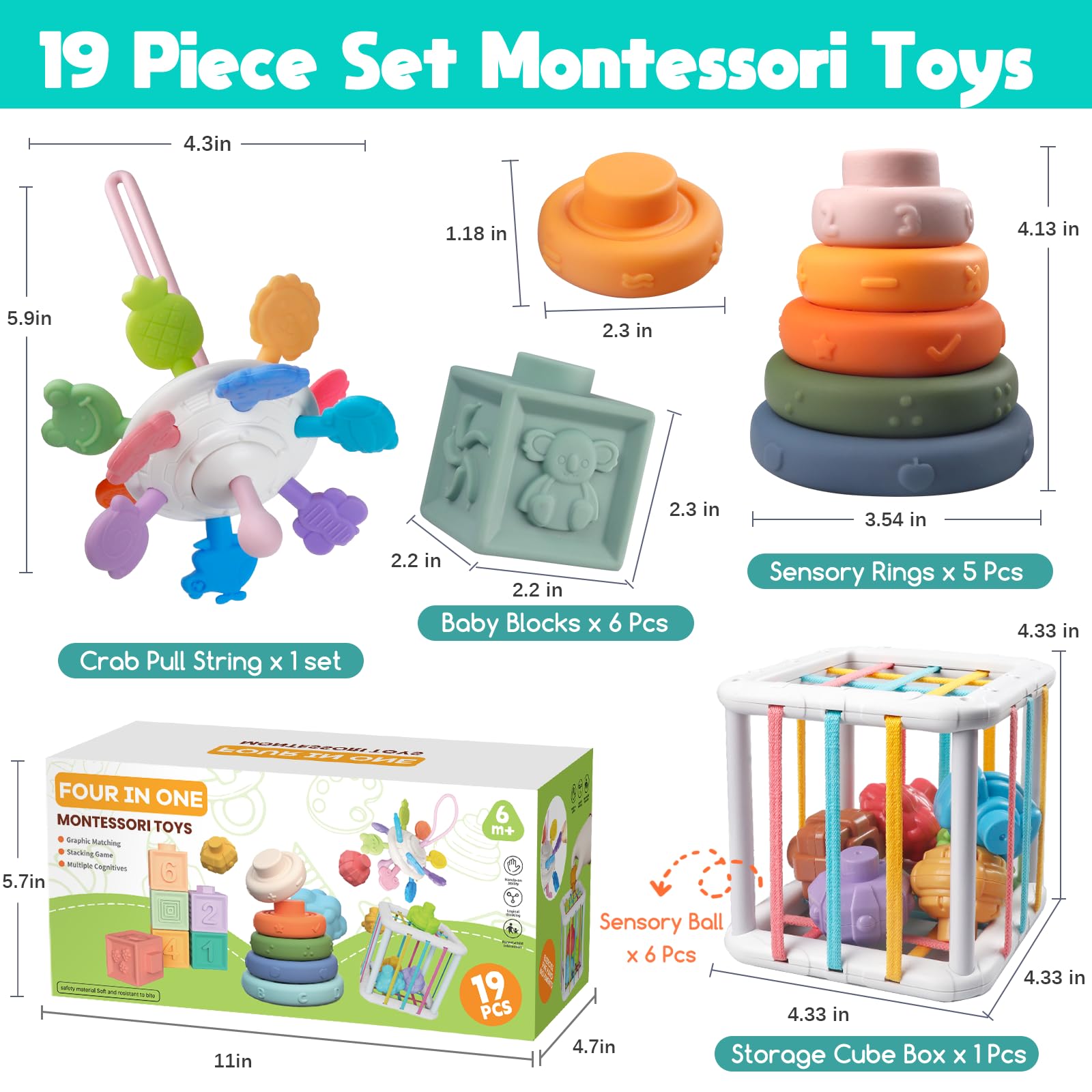 Wuzhineisn Montessori Baby Toys for Ages 6-18 Months - Pull String Teether, Stacking Blocks, Sensory Shapes Storage Bin, Infant Bath Time Fun, 4 in 1 Toddlers Toy Gifts for 1 2 3 Year Old Boys Girls