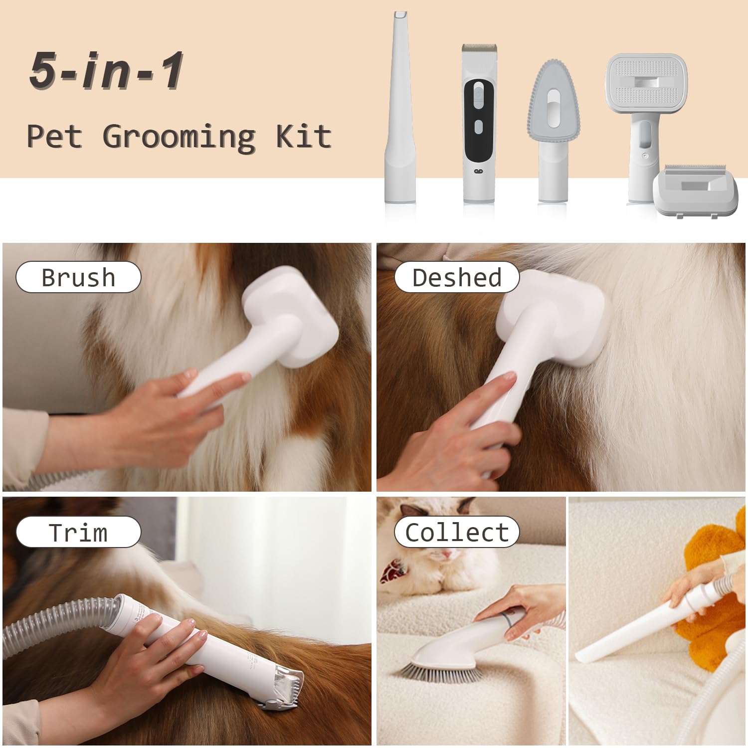 whall Pet Grooming Vacuum for 99% Hair, Low Noise Dog Vacuum Groomer with 2.3L Dust Cup, Gray