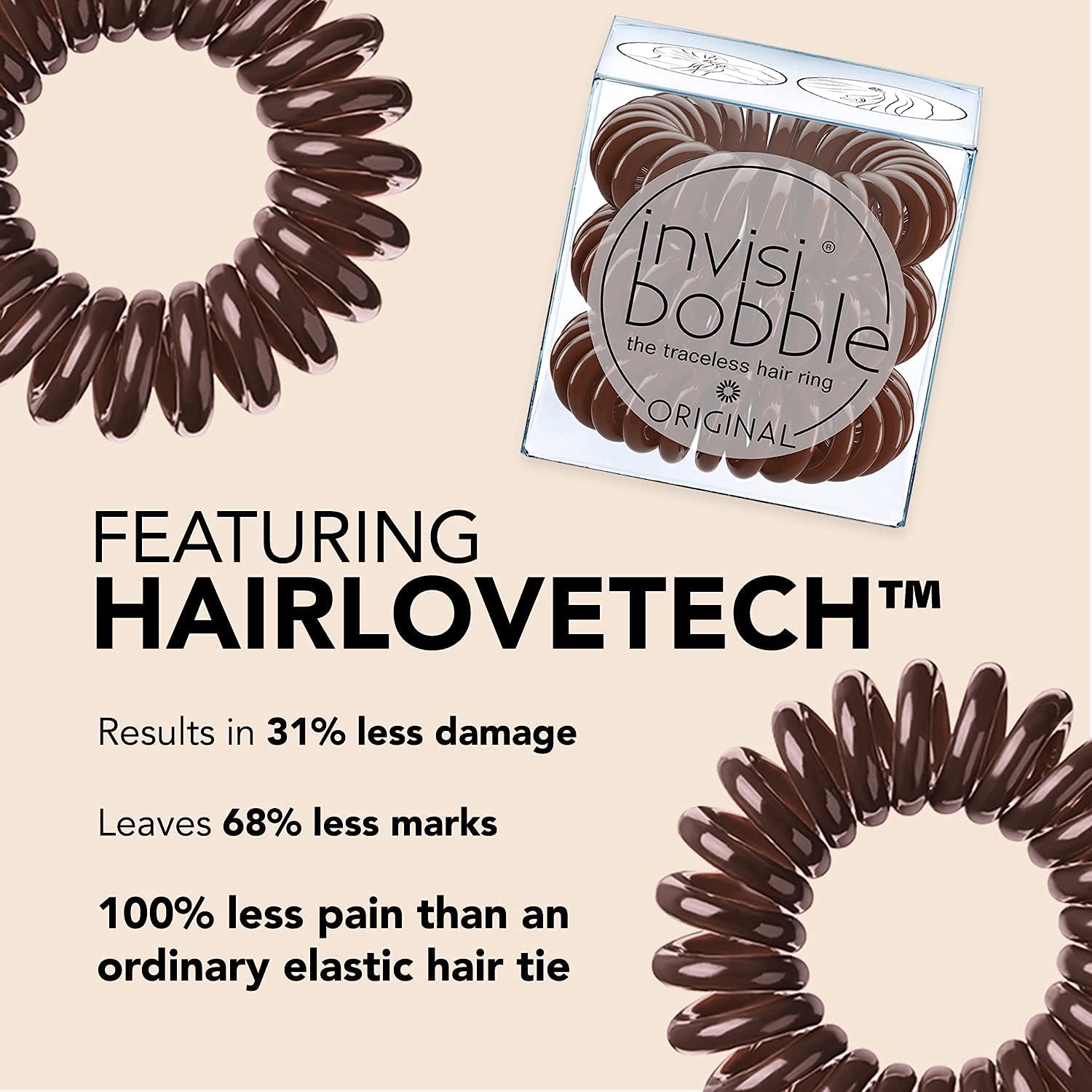 invisibobble Original Traceless Spiral Hair Ties With Strong Grip, Non-Soaking, Hair Accessories for Women- Pretzel Brown (Pack of 3)