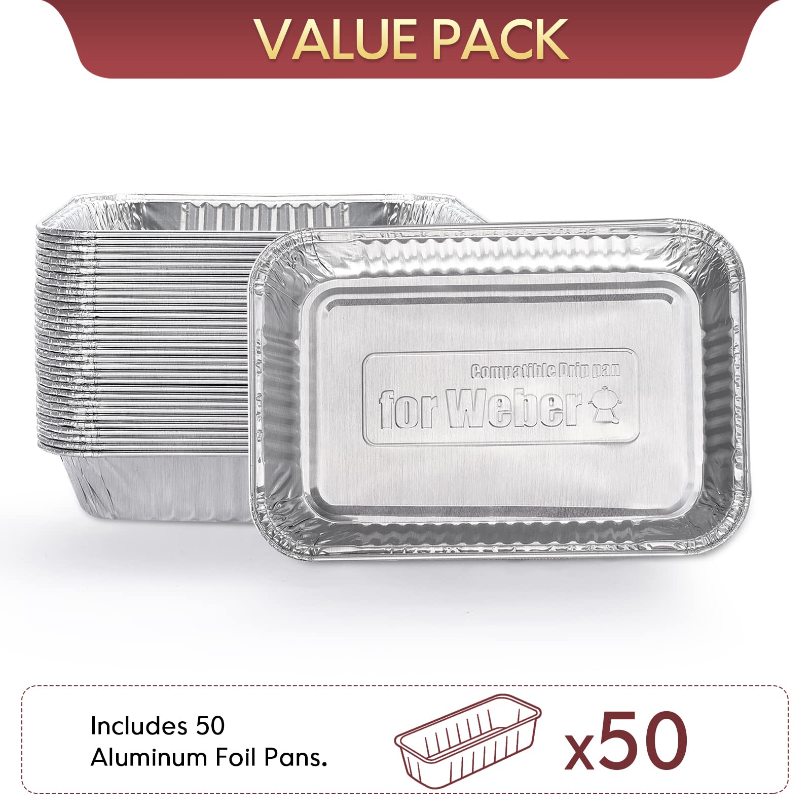 TIFMI 50 Pack Drip Pans Liners Compatible for Weber Q Series, Spirit Gas, Traveler Grill, Genesis II LX 200 & 300 Series Gas Grills, Aluminum Foil Grease Trays for Weber 6415 Grill Accessories