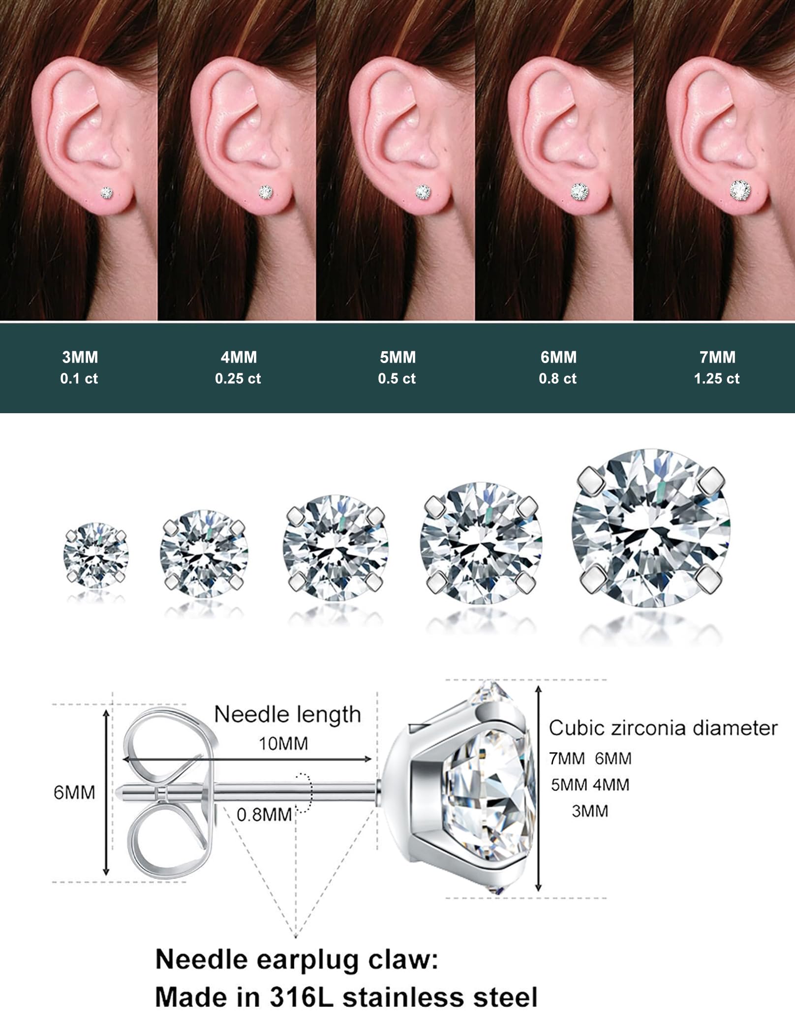 5 Pairs Stud Earrings Set, Hypoallergenic Cubic Zirconia 316L Earrings Stainless Steel CZ Earrings 3-8mm (Steel color)