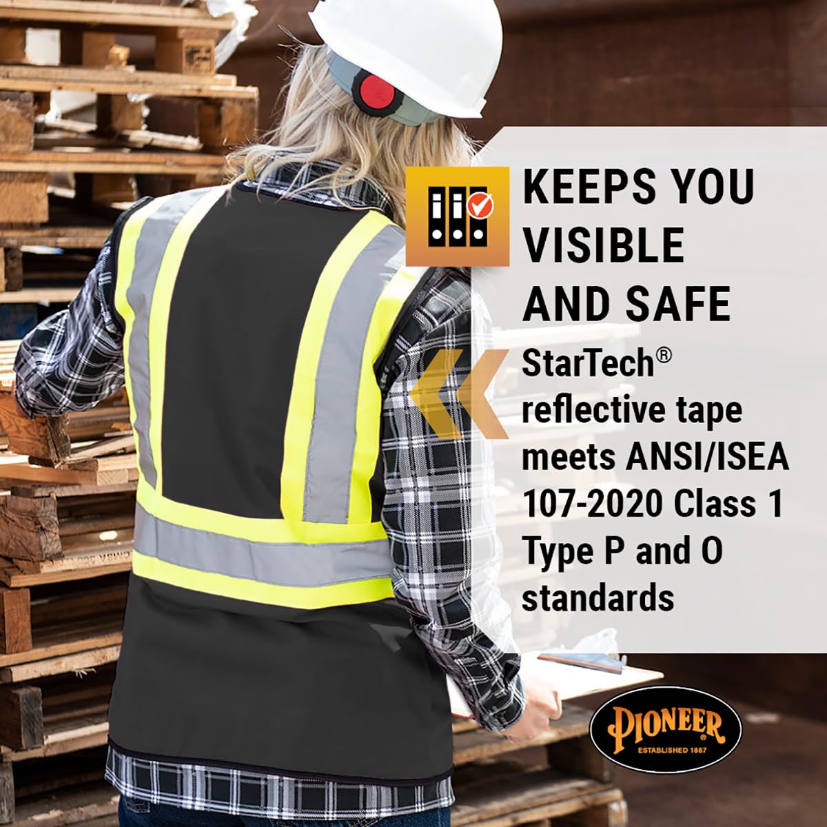 Pioneer Safety Vest for Women with Pockets - Hi-Vis Reflective Tape - for Construction - Black