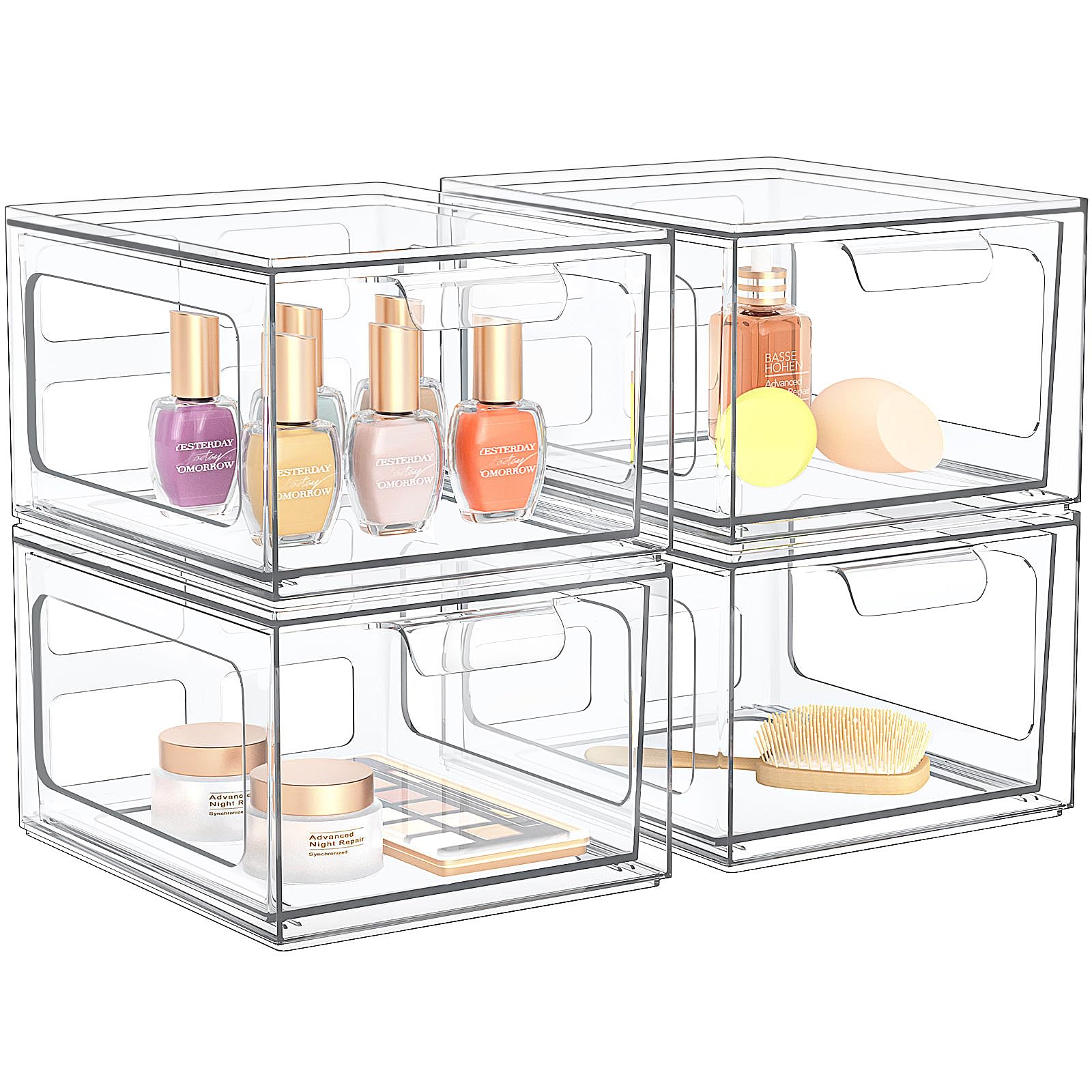 SpaceHacks 4 Pack Stackable Plastic Makeup Organizer Drawers, Acrylic Organizers, Clear Storage Bins with Pull-Out Handles for Vanity, Kitchen Cabinets, Pantry