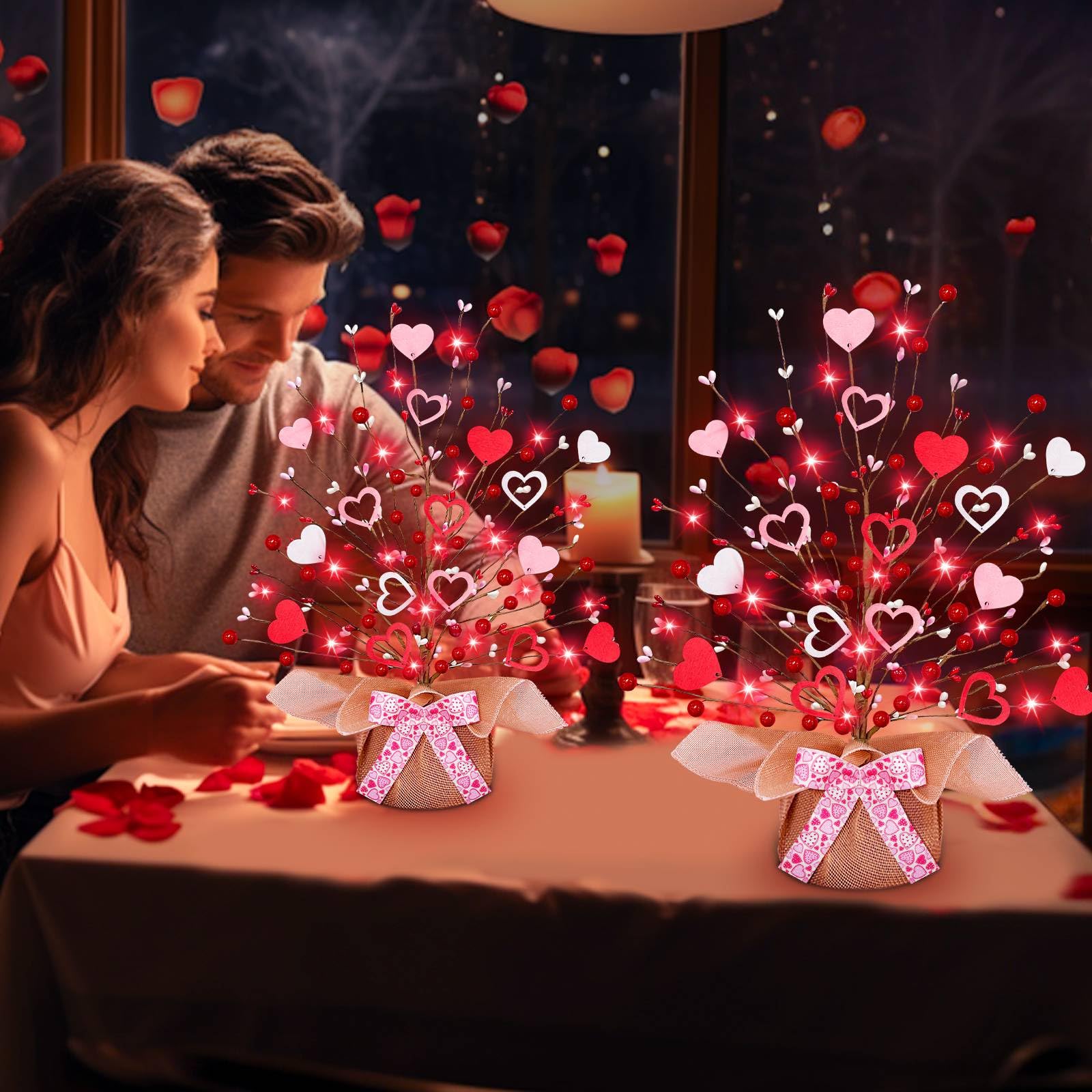 TURNMEON 2 Pack Valentine's Day Tree Tabletop Decorations 20 Red Lights Battery Operated 16 Inch 14 Red Pink Heart 32 Red Berries Valentines Decorations Home Table Bedroom Indoor Party Wedding Decor