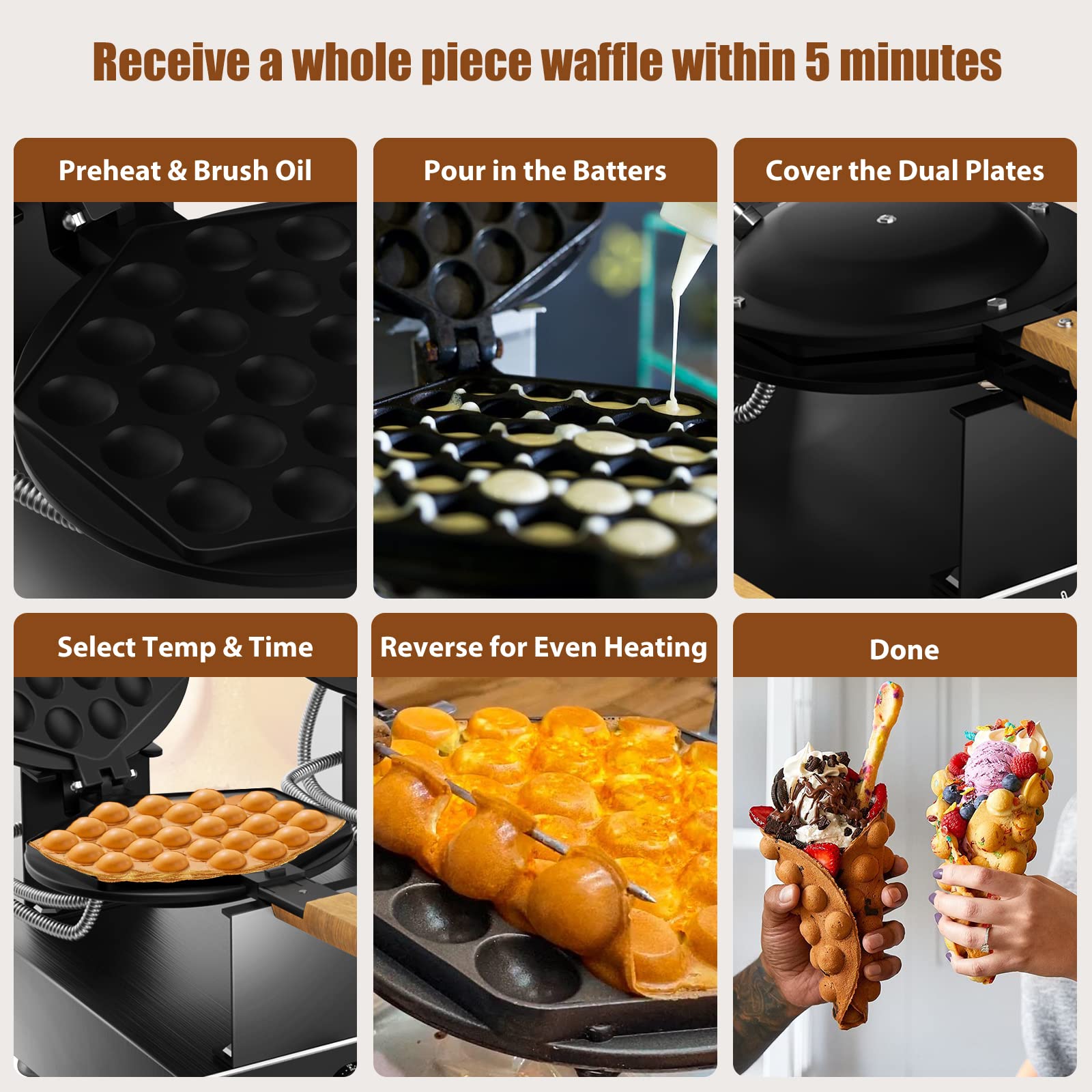 PYY Double Bubble Waffle Maker Commercial Waffle Maker Non-stick Hong Kong Egg Waffle Maker for Home Use Stainless Steel Pancake Maker 180° rotate