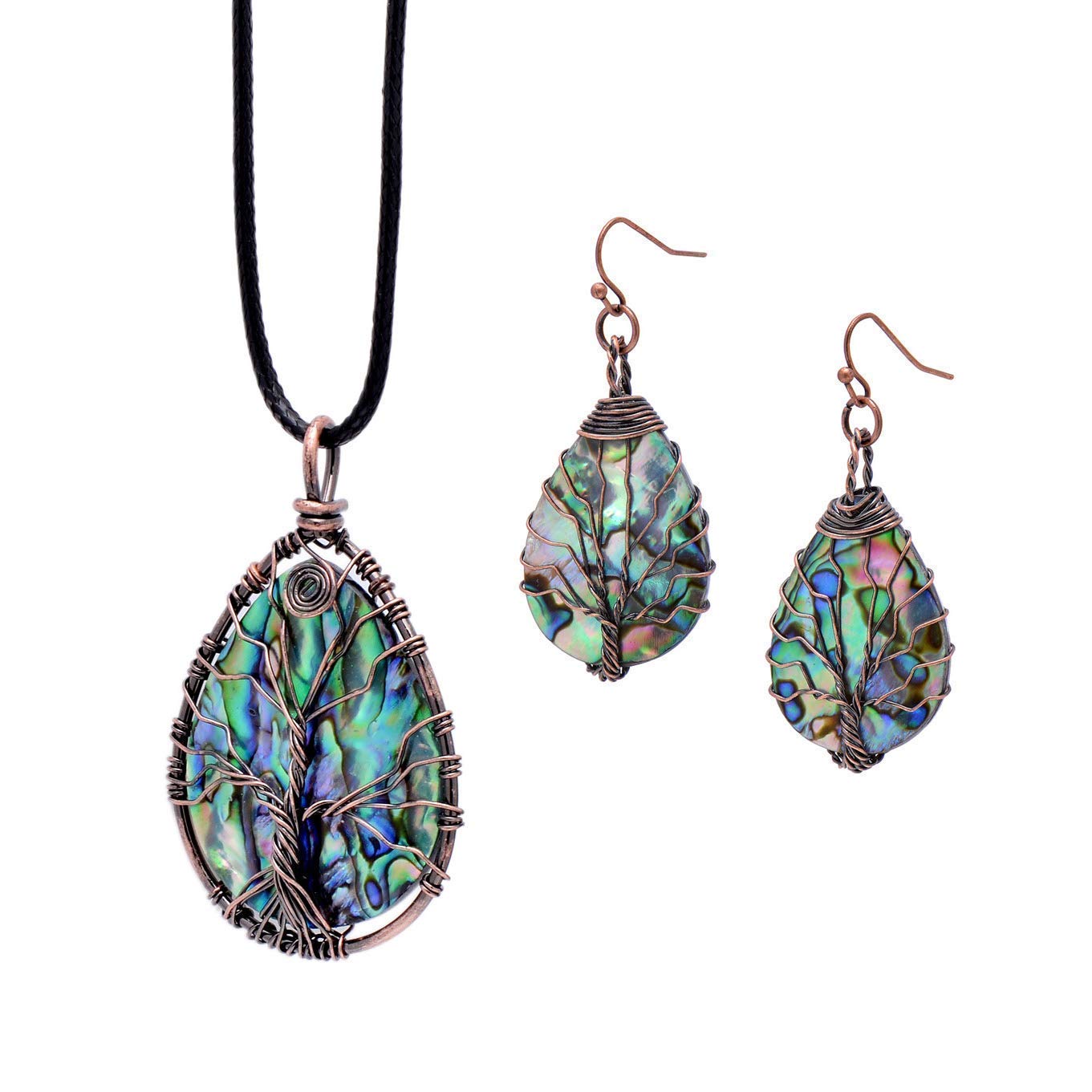 Handmade Teardrop Abalone Shell Dangle Earrings for Women, Wire Craft Tree of Life Earrings