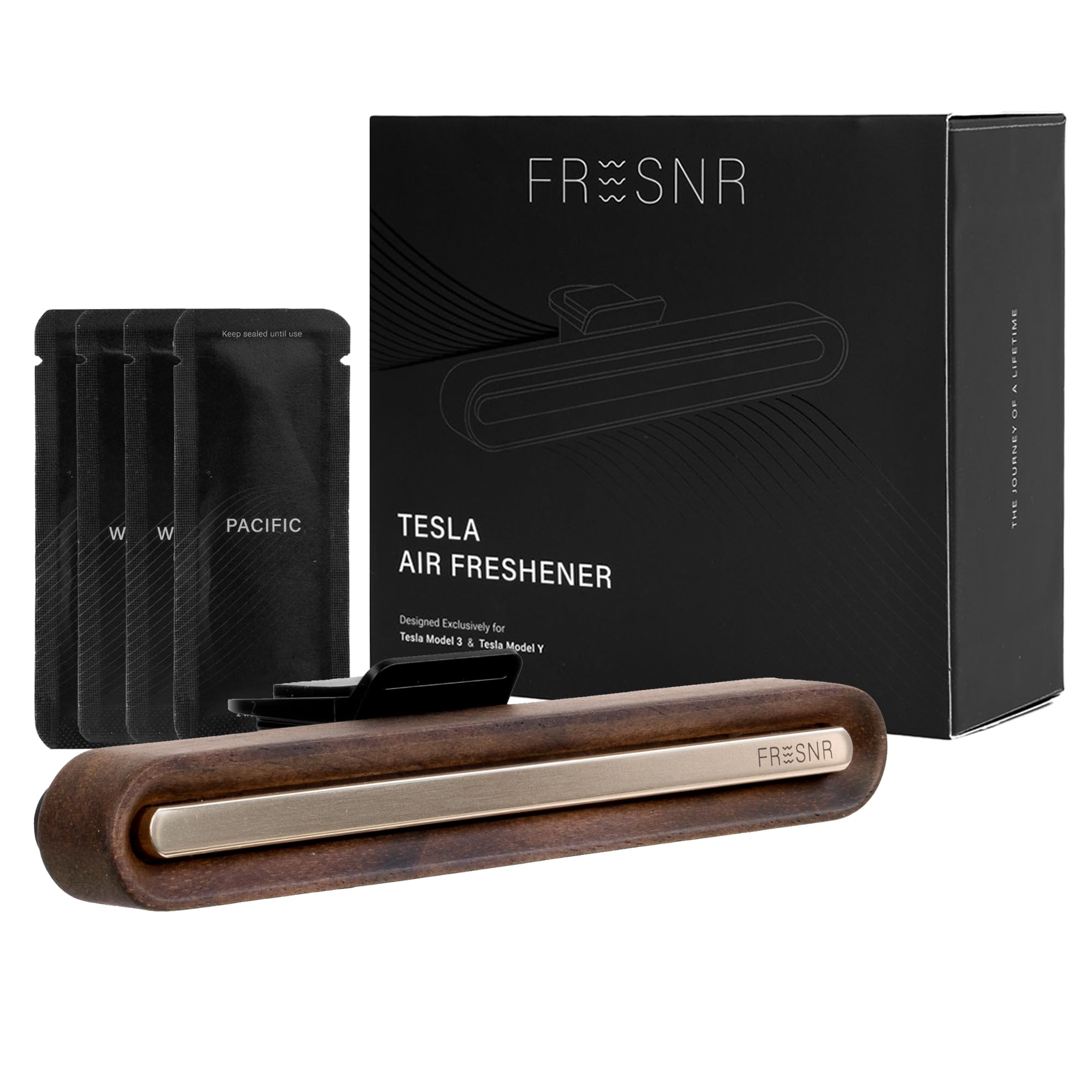 FRESNR Car Air Freshener Designed for Tesla Model 3, Y, Vent Clip Fragrance Diffuser, Includes 4 Long-Lasting Scents (Diffuser Walnut)