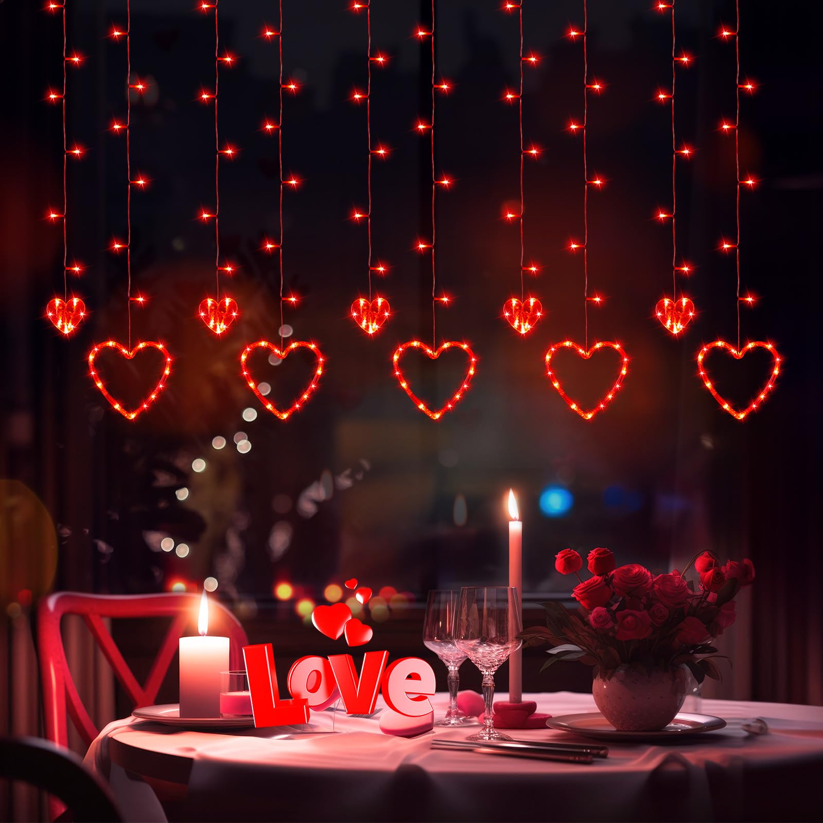 Valentines Day Decor, Red Love Heart String Lights for Bedroom, 12 Hearts 138 LED Fairy Twinkle Lights with Remote, 8 Lighting Modes Connectable Window Lights for Valentine's Day Wedding Home Decor