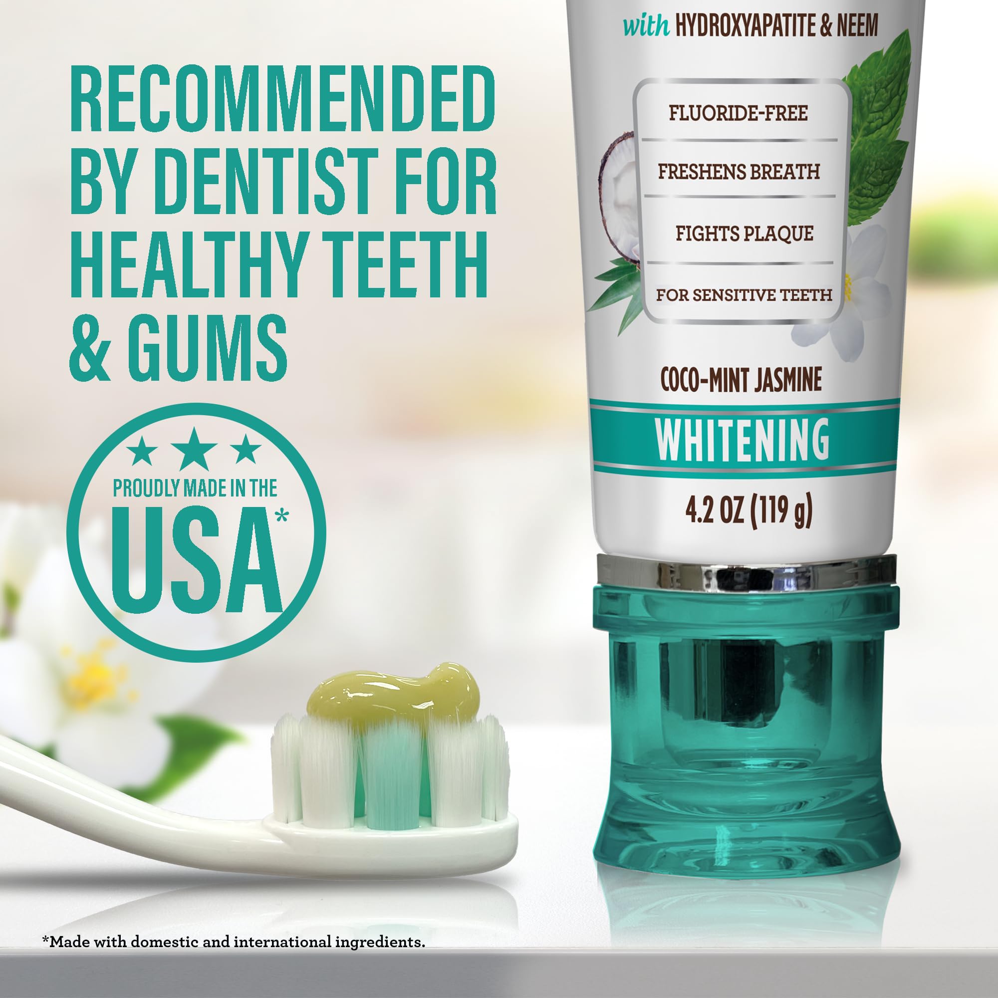 GuruNanda Hydroxyapatite Toothpaste, SLS & Fluoride Free, Whitening Toothpaste - Freshens Breath, Fights Plaque - Natural CocoMint Jasmine Neem, 4.2oz