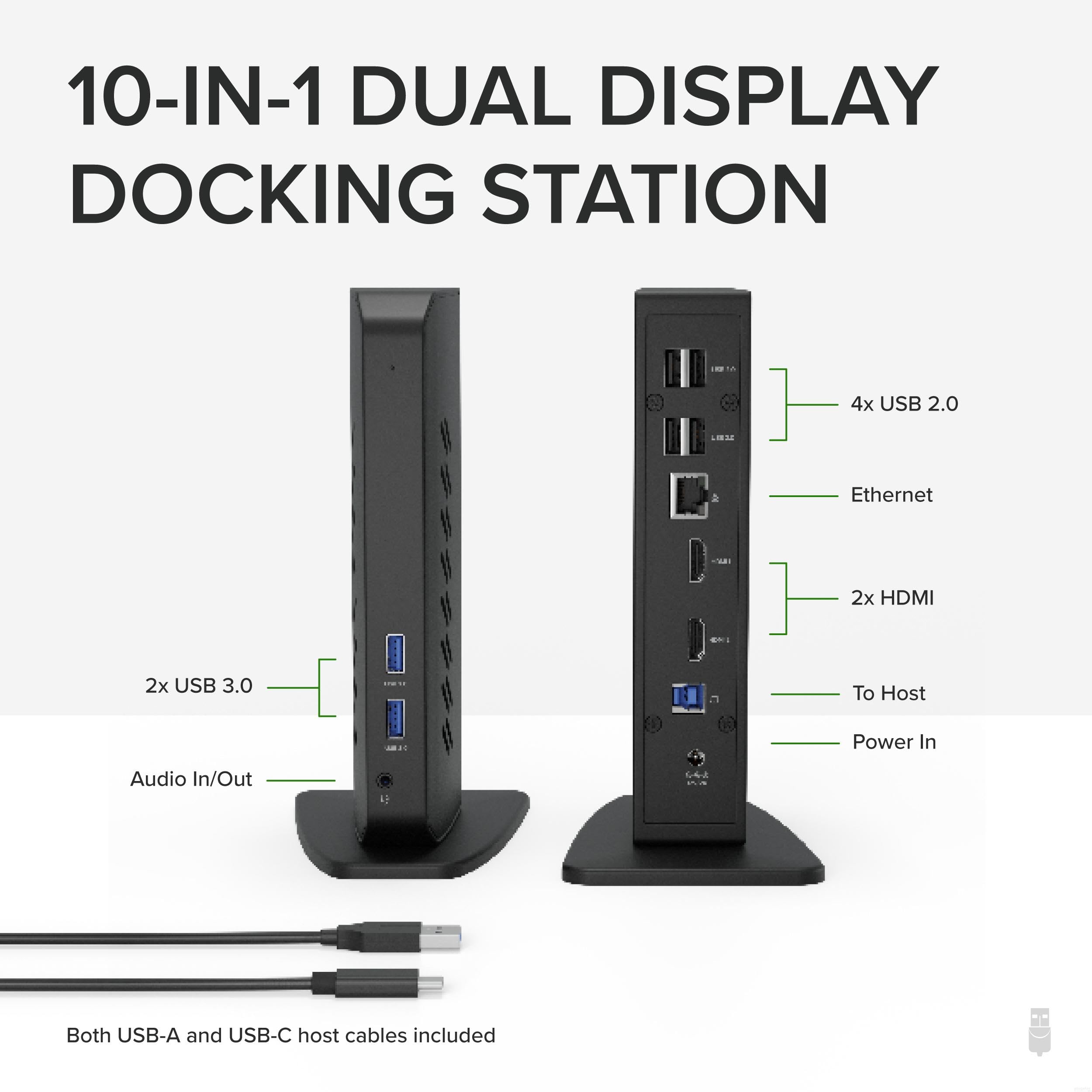 Plugable USB 3.0 and USB-C Universal Laptop Docking Station with 2 HDMI Ports for Windows, Mac, and ChromeOS (Gigabit Ethernet, Audio, 6 USB Ports)