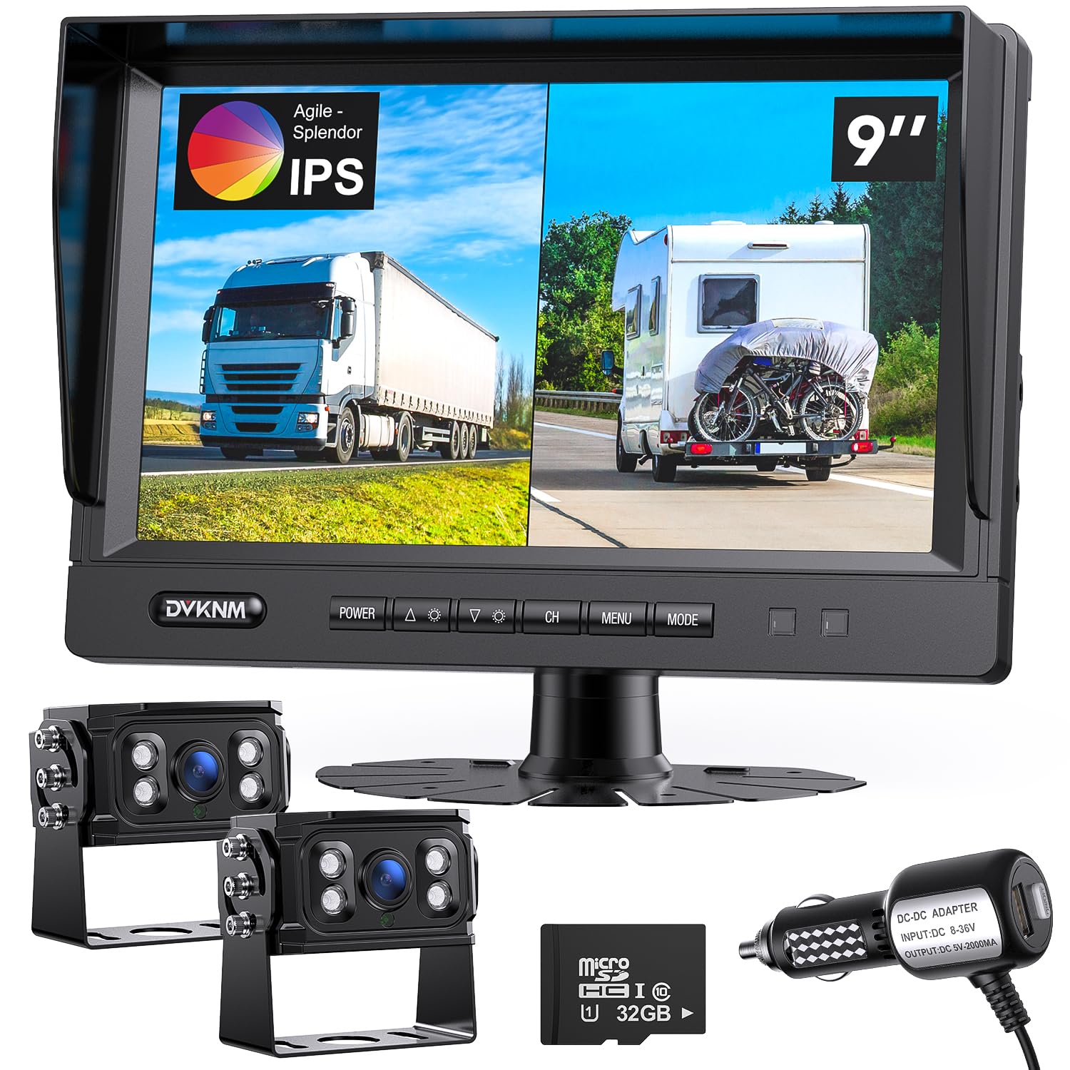 DVKNM Ultimate 9" AHD IPS Monitor 1080P HD DVR Recording Dual Split Backup Camera Complete Kit for Car Truck RV IP69 Waterproof Camera Sharp Rear View Split Image Included 32G SD Card Easy DIY Install