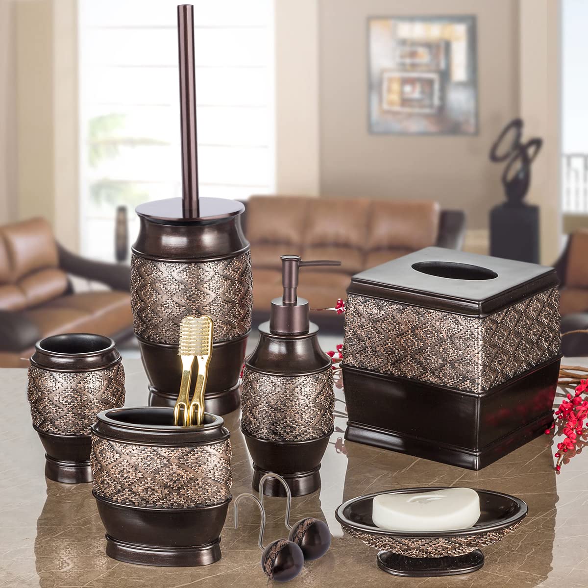 Creative Scents Dublin Brown Bathroom Accessories Set Complete - 4 Pc. Bathroom Sets Accessories, Luxury Bathroom Accessory Set - Soap Dispenser, Soap Dish, Tumbler & Toothbrush Holder Set