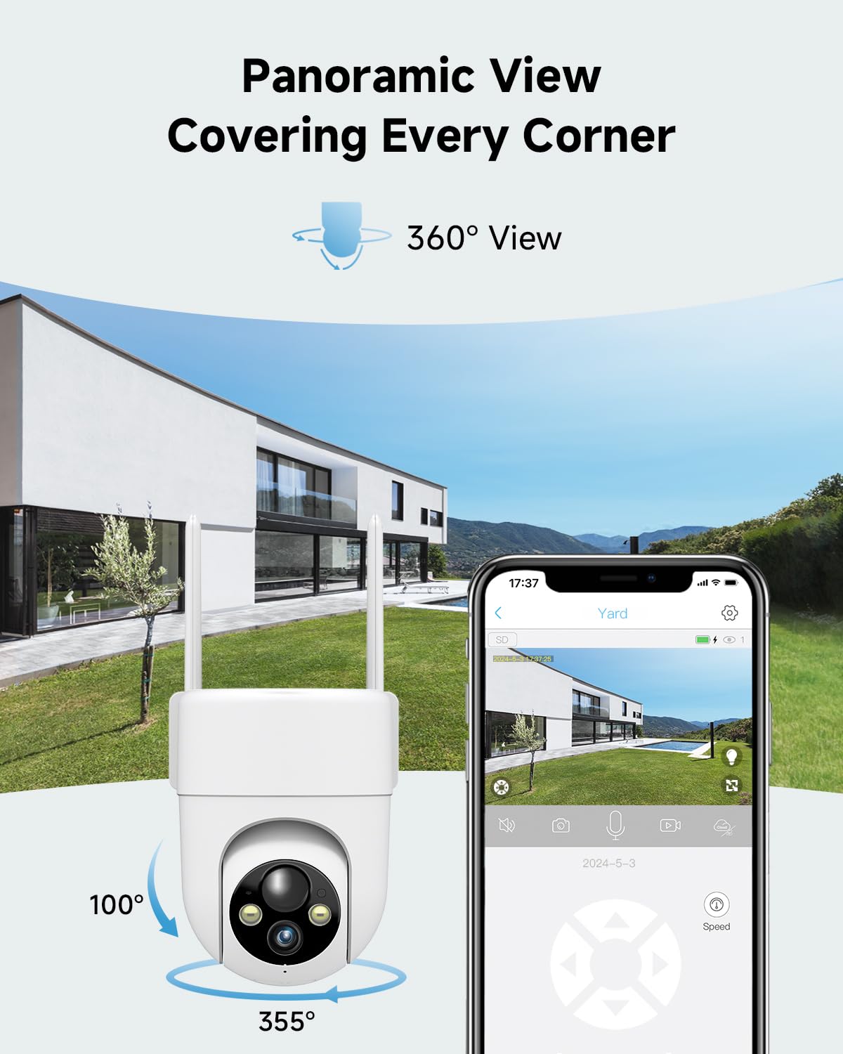 Oculview 2K Solar Security Cameras Wireless Outdoor, 2PCS Outdoor Camera Wireless with 360° View, Cameras for Home Security with Color Night Vision/2-Way Audio, 2.4GHz Wi-Fi Only