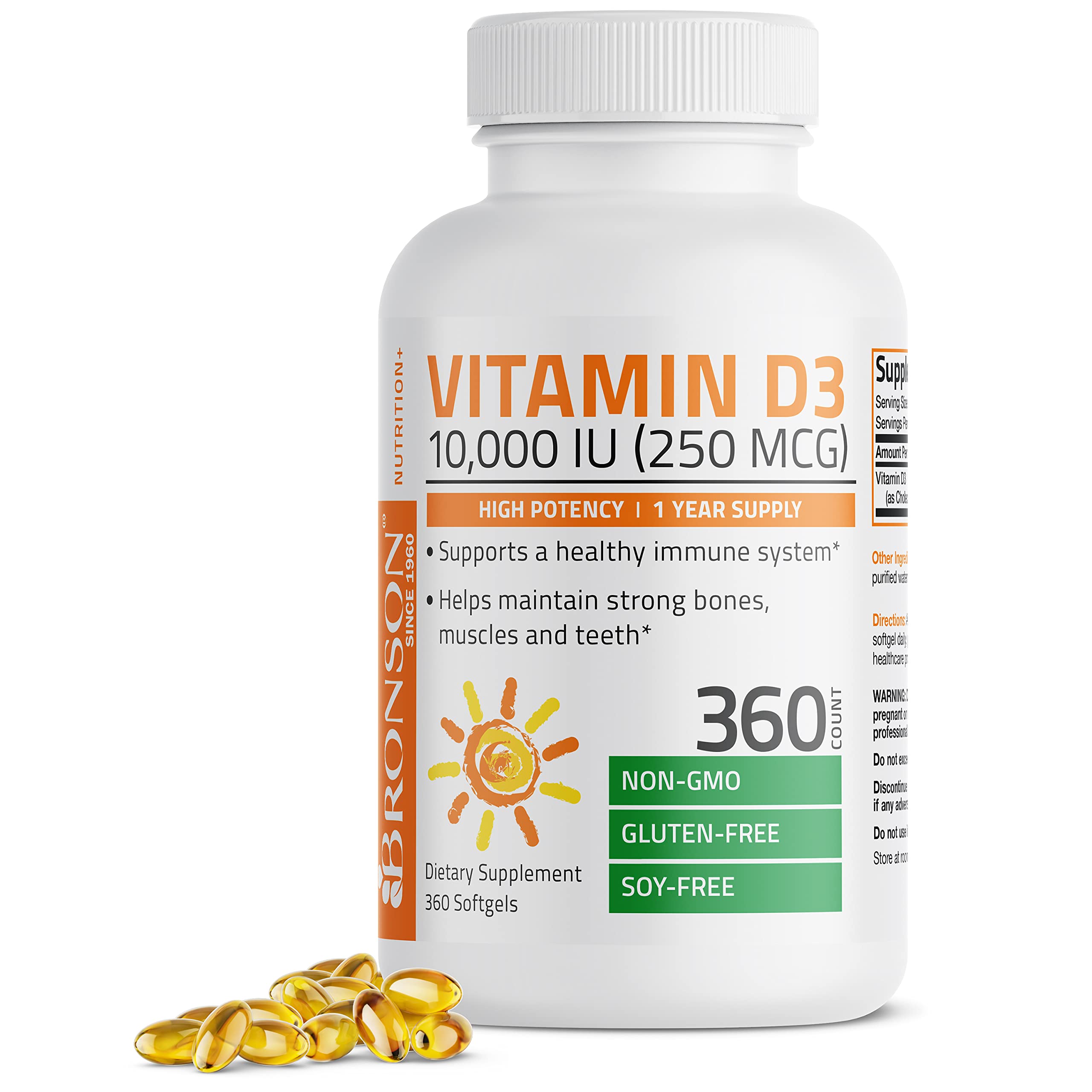 Bronson Vitamin D3 10,000 IU (250 mcg) High Potency - Supports Healthy Immune System, Strong Bones, Muscles & Teeth - Non GMO, 360 Softgels (1 Year Supply)