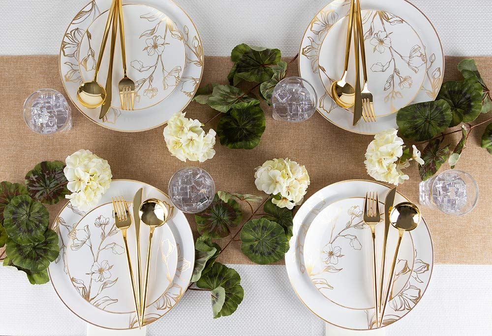 Blue Sky Elegant & Antique Gold Floral Combo Plates (10" & 7" - 32 Pcs) - Vintage Design Party Plates, Perfect for Weddings and Special Occasions