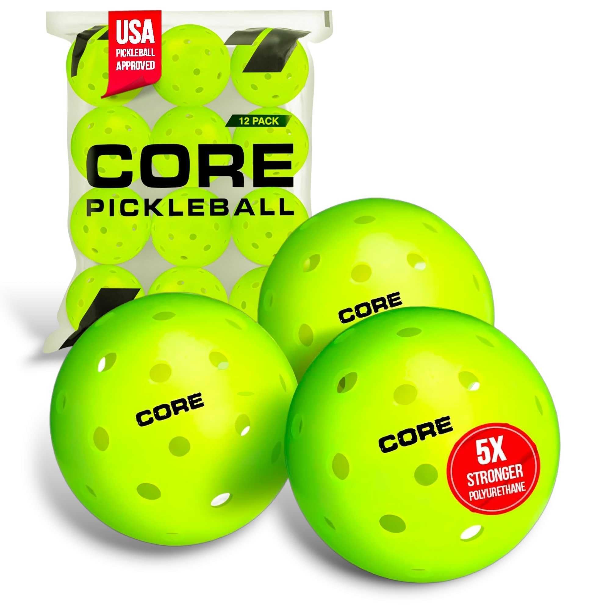 CORE Pickleball Balls for Professionals and All Levels of Play | USA Pickleball Approved Durable Outdoor Pickleball Balls with 40 Holes (12 Pack)